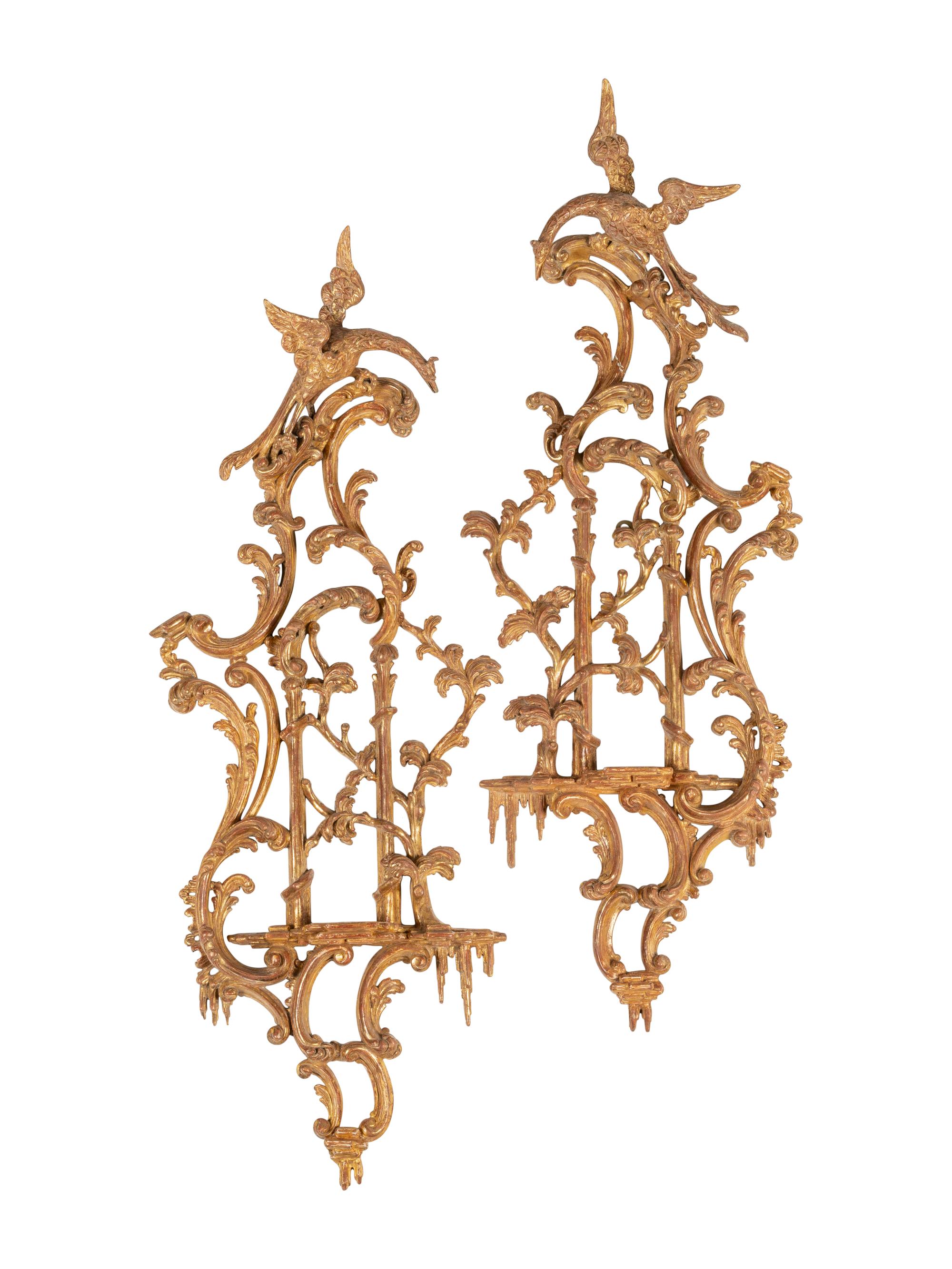 A Pair of George III "Chinese Chippendale" Giltwood Wall Brackets
