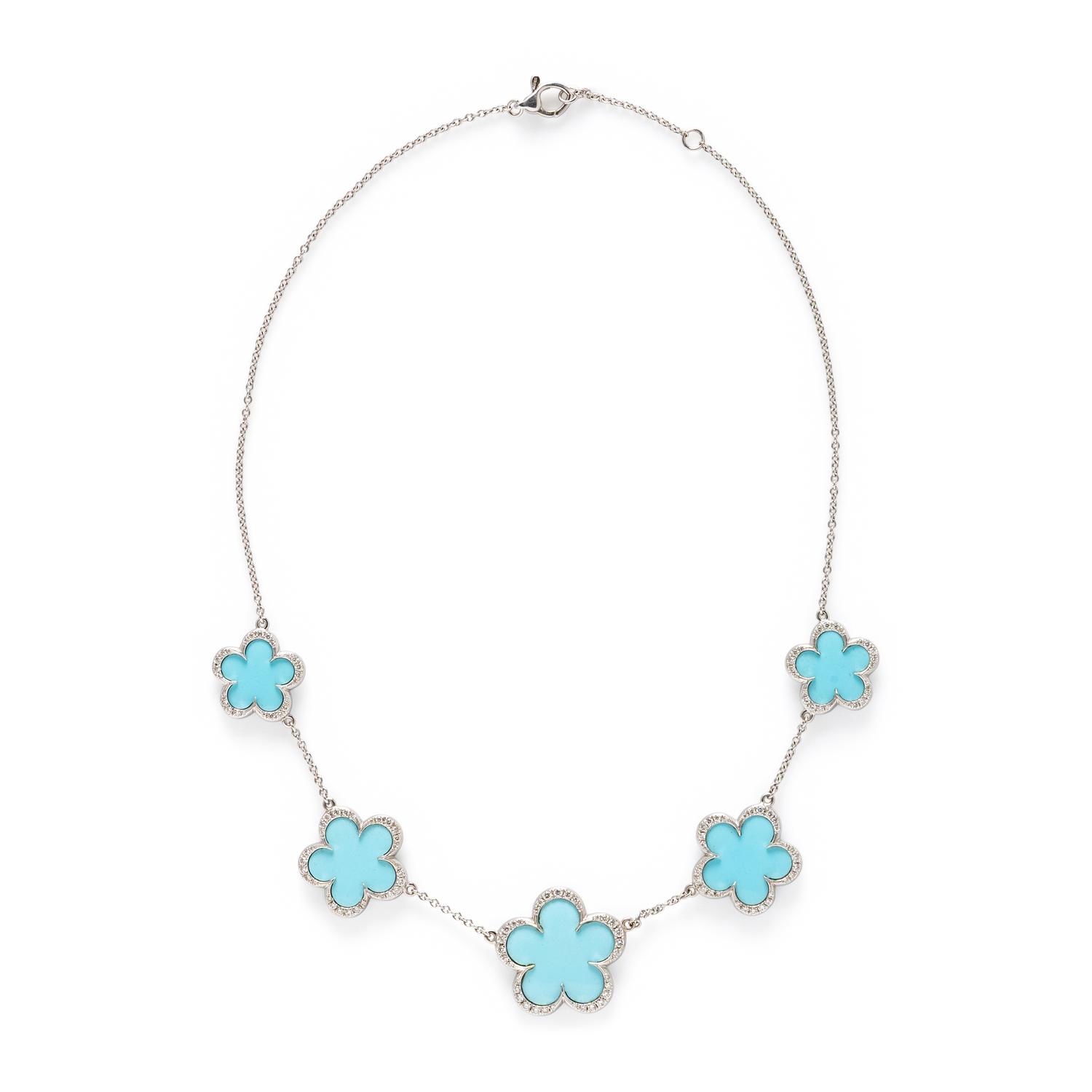 WHITE GOLD, DIAMOND, AND HARDSTONE FLOWER STATION NECKLACE