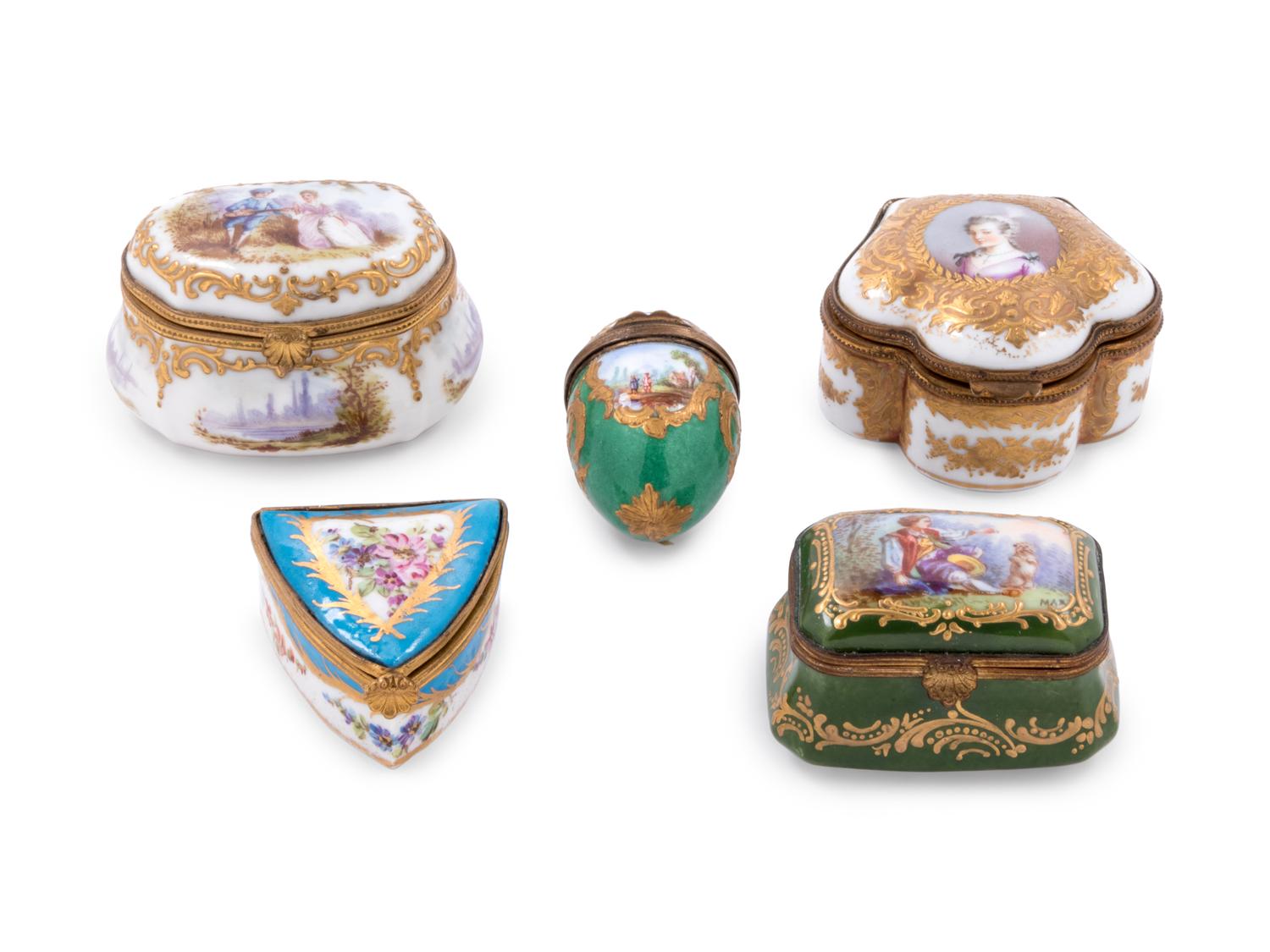 Five Continental Gilt Metal Mounted Polychrome Decorated Pill Boxes
