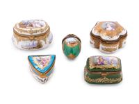 Five Continental Gilt Metal Mounted Polychrome Decorated Pill Boxes