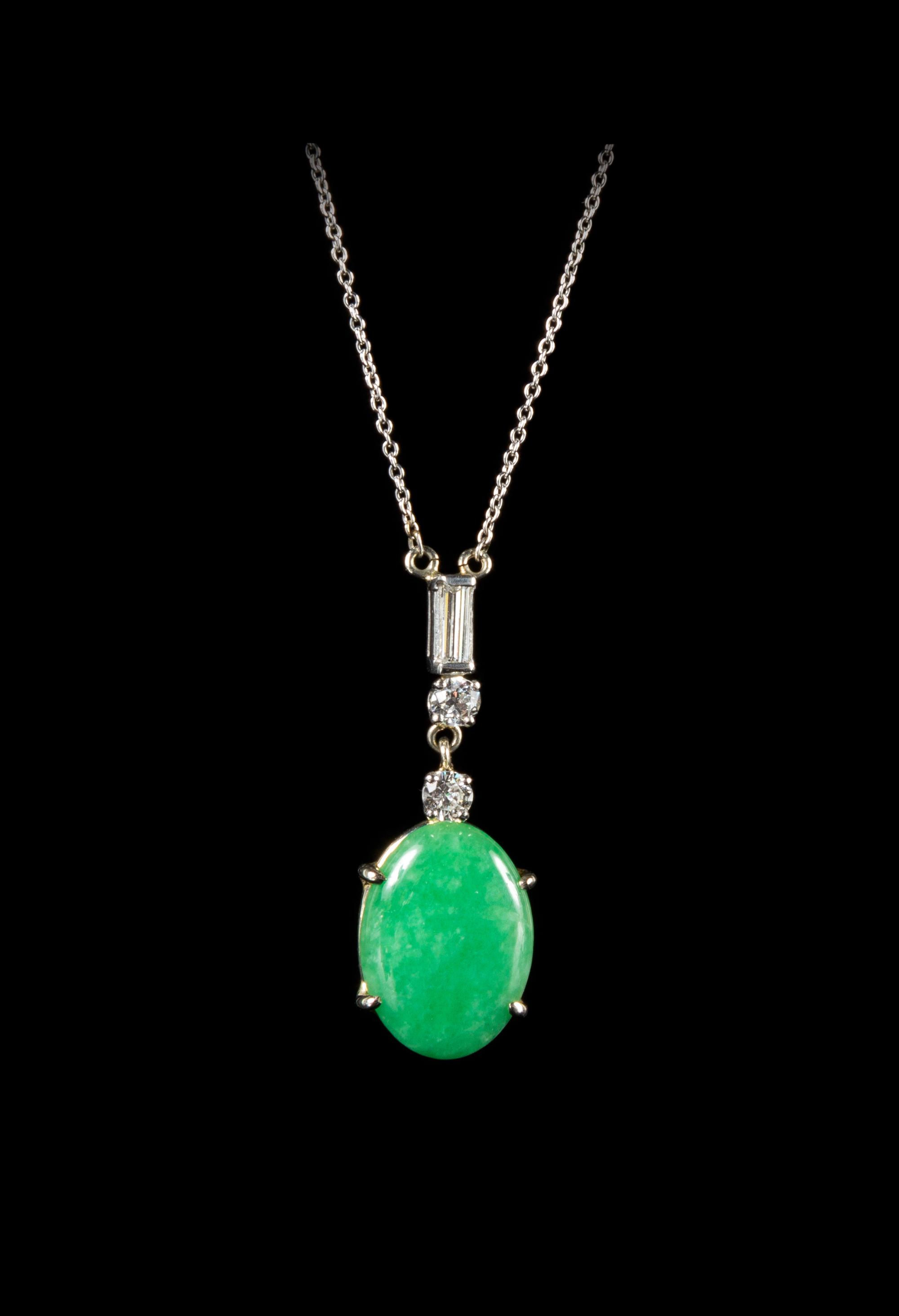 A Jadeite and Diamond Inset 14K White Gold Necklace