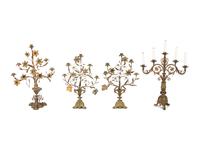 A Pair of Victorian Brass Candelabra and Two Similar Ornaments