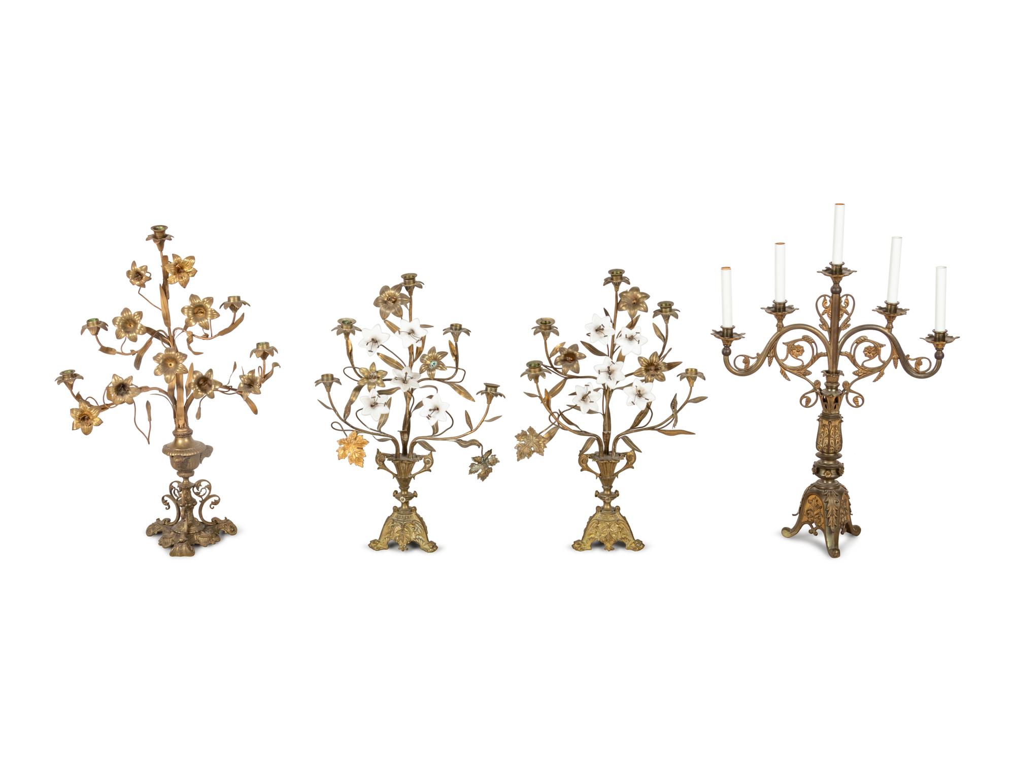 A Pair of Victorian Brass Candelabra and Two Similar Ornaments