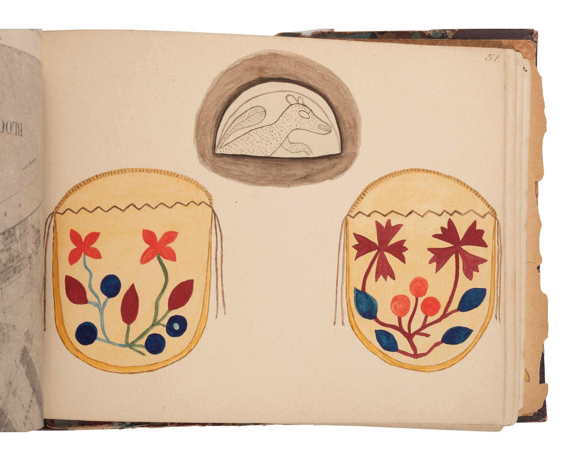 [NATIVE AMERICAN] -- [GOLD RUSH]. An album of watercolor drawings by prospector George V. Storkey (ca 1867-1942) depicting British Columbian Indigenous objects, likely related to the Nlaka’pamux, ca late 1890s-early 1900s.