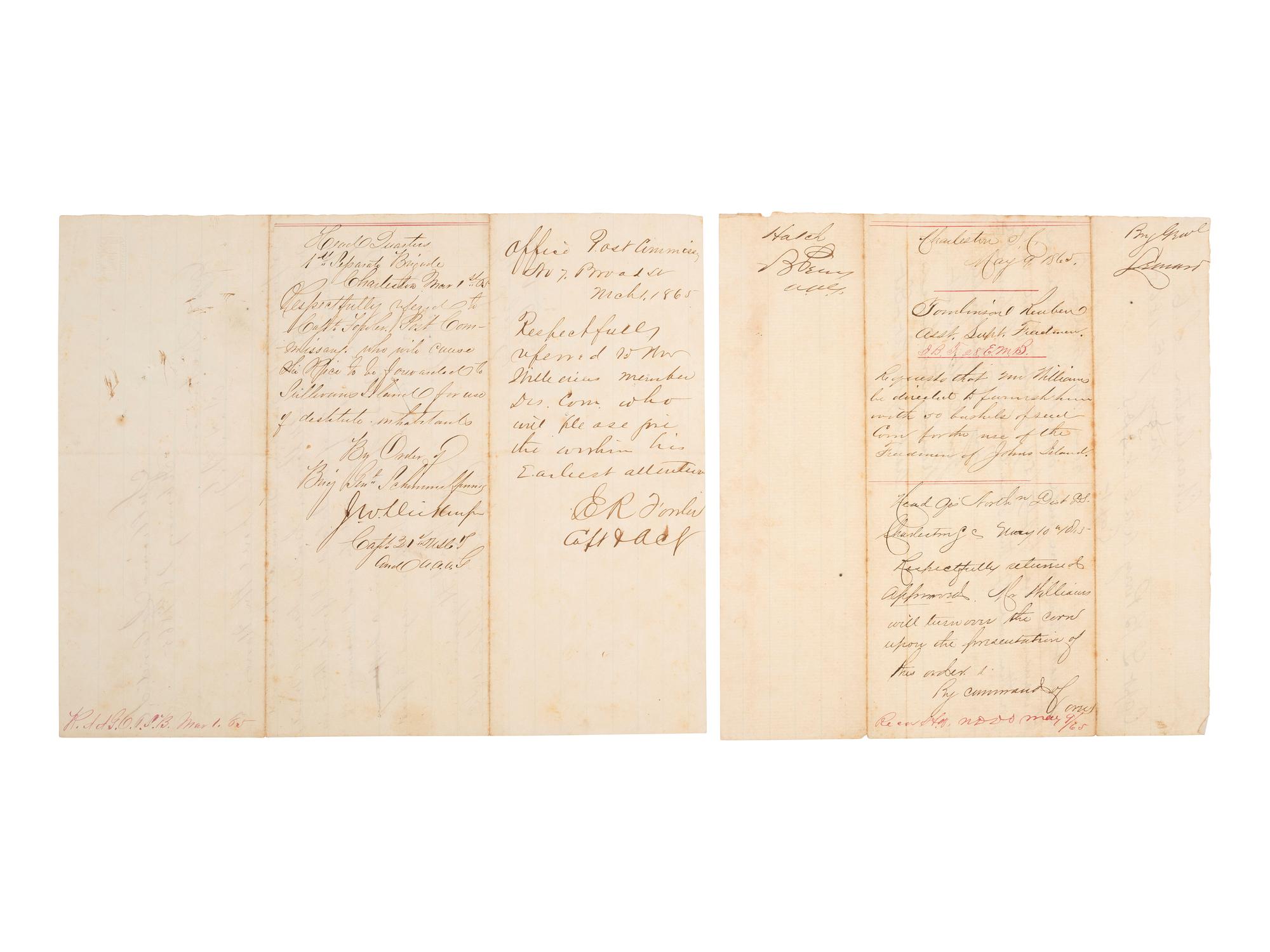 [ENSLAVEMENT & ABOLITION]. A suite of 5 documents related to the "destitute condition" of freedmen taking refuge mostly on the Sea Islands of South Carolina, 1865.