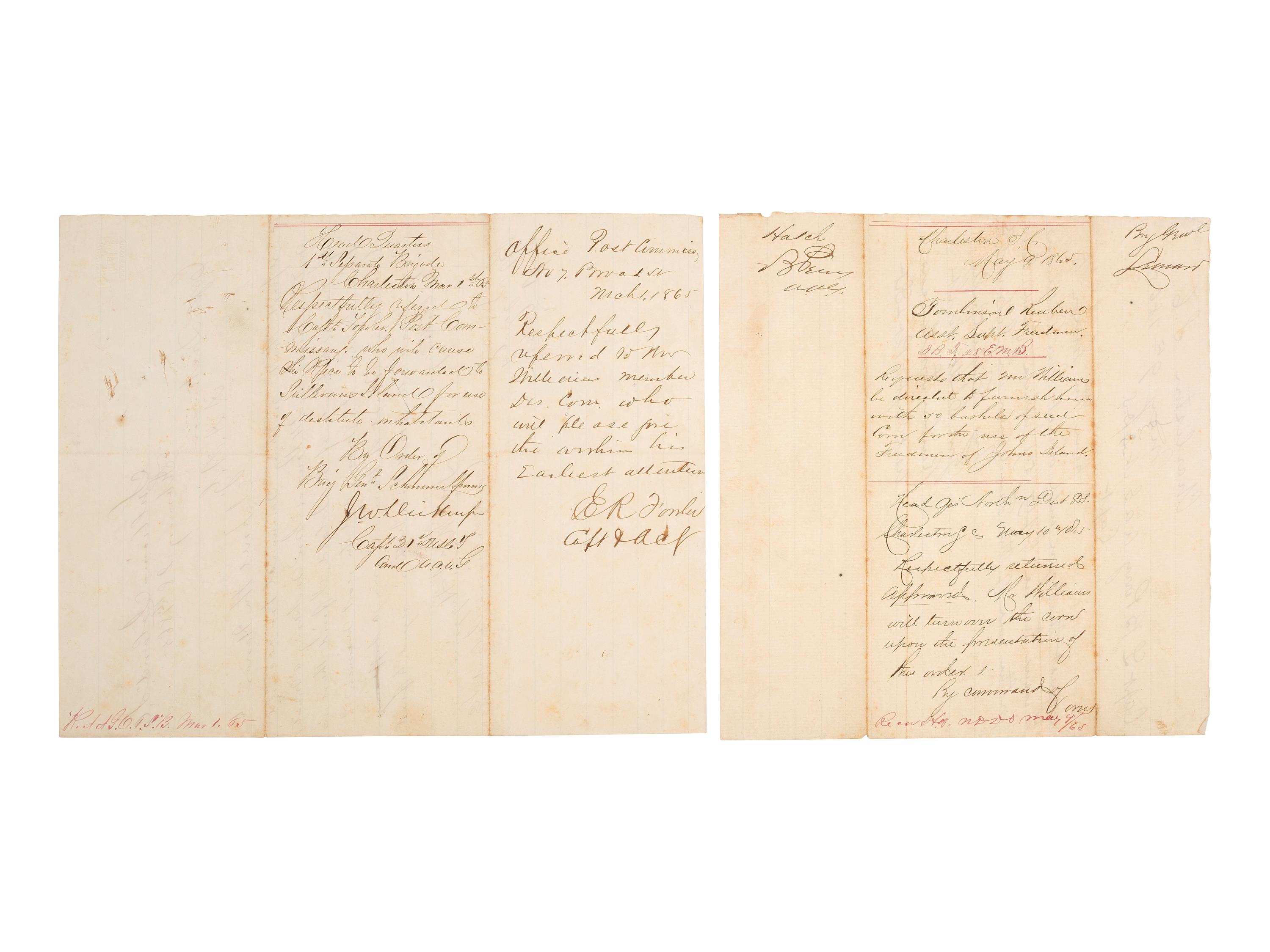 [ENSLAVEMENT & ABOLITION]. A suite of 5 documents related to the "destitute condition" of freedmen taking refuge mostly on the Sea Islands of South Carolina, 1865.