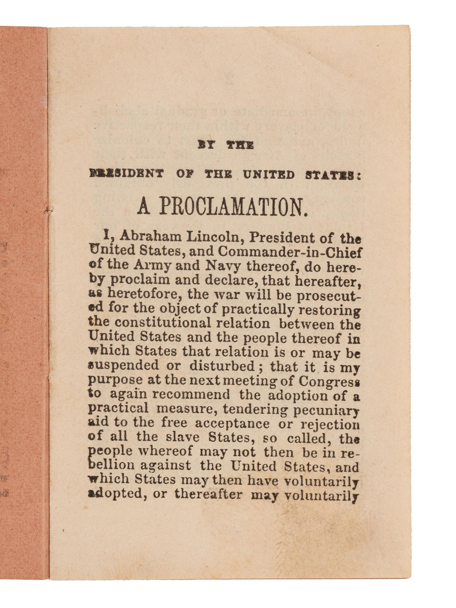 [LINCOLN, Abraham]. Rare ID'd preliminary version of the Emancipation Proclamation, 1862.