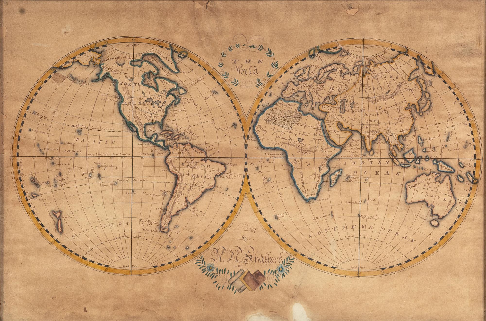 [WORLD]. ROBISON, Edward C. Manuscript double-hemisphere map of the world. 1831.