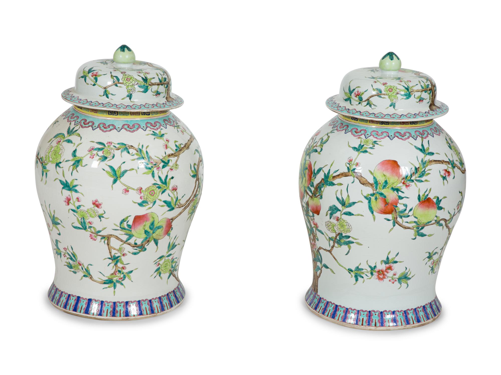 A Pair of Chinese Export Porcelain Covered Jars