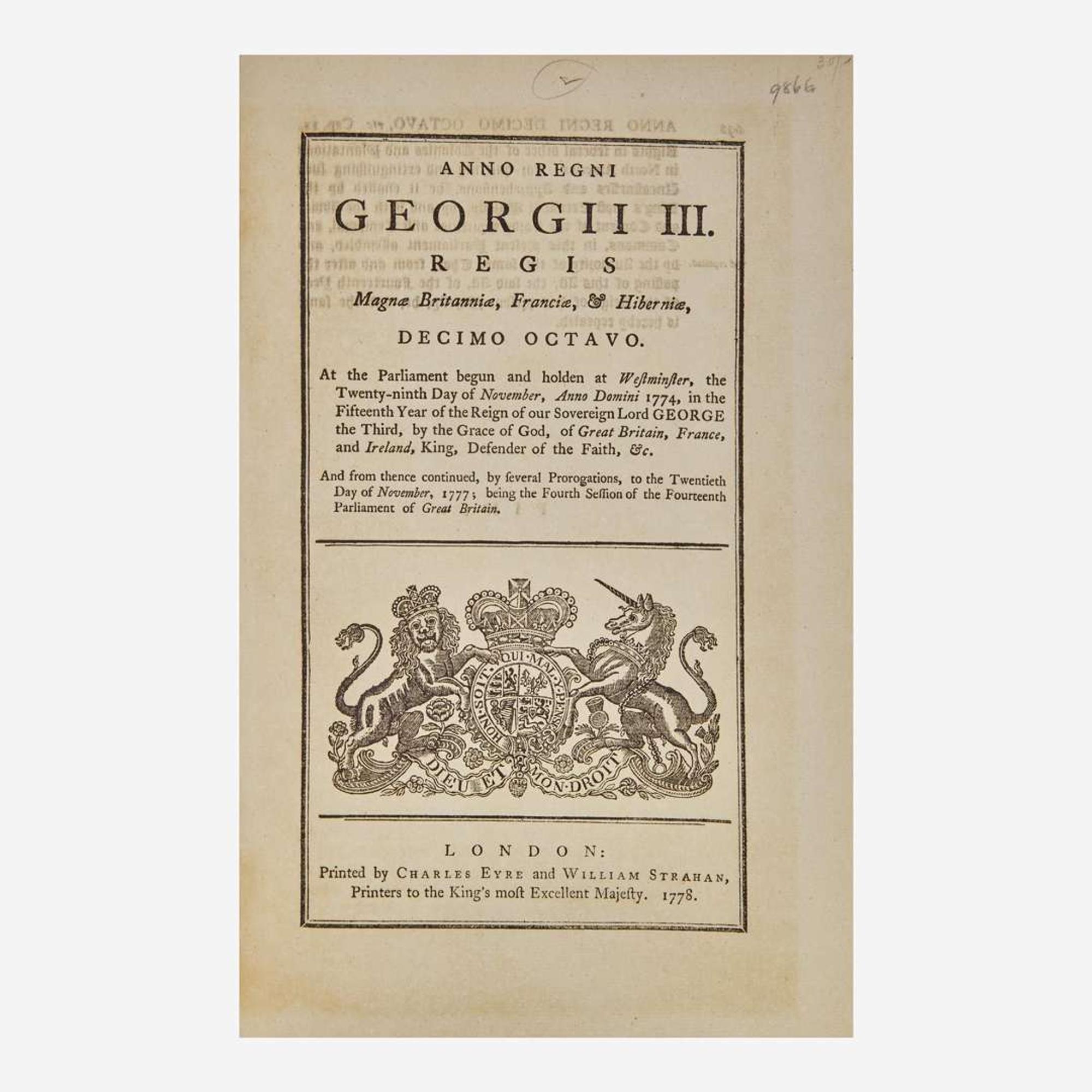 [American Revolution] [Taxation of Colonies Act] An Act for removing all Doubts and Apprehensions concerning Taxation by the Parliament...in any of the Colonies, Provinces, and Plantations in North America...and for repealing...a Duty on Tea...