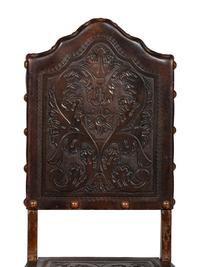 Six Mizner Carved Walnut and Embossed Leather Back Side Chairs