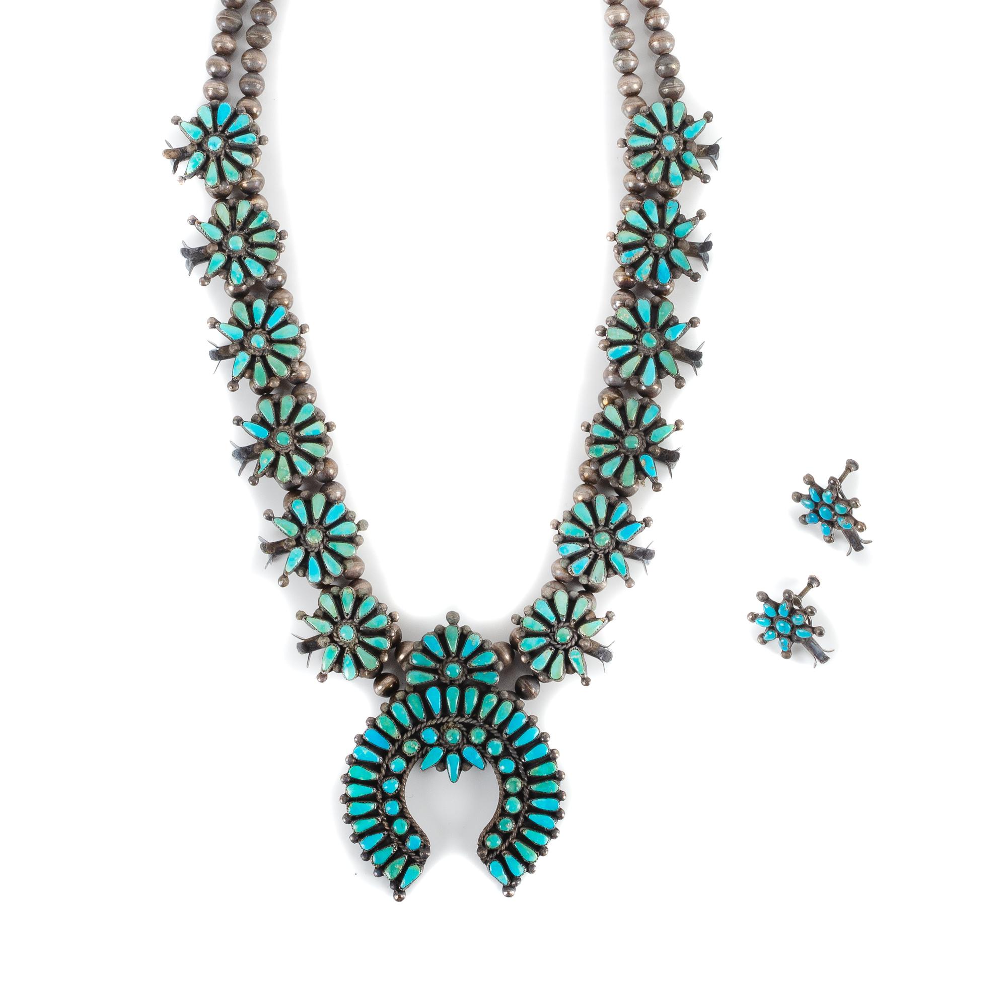 Southwestern Silver and Turquoise Petit Point Squash Blossom Necklace and Earrings Length 23 inches