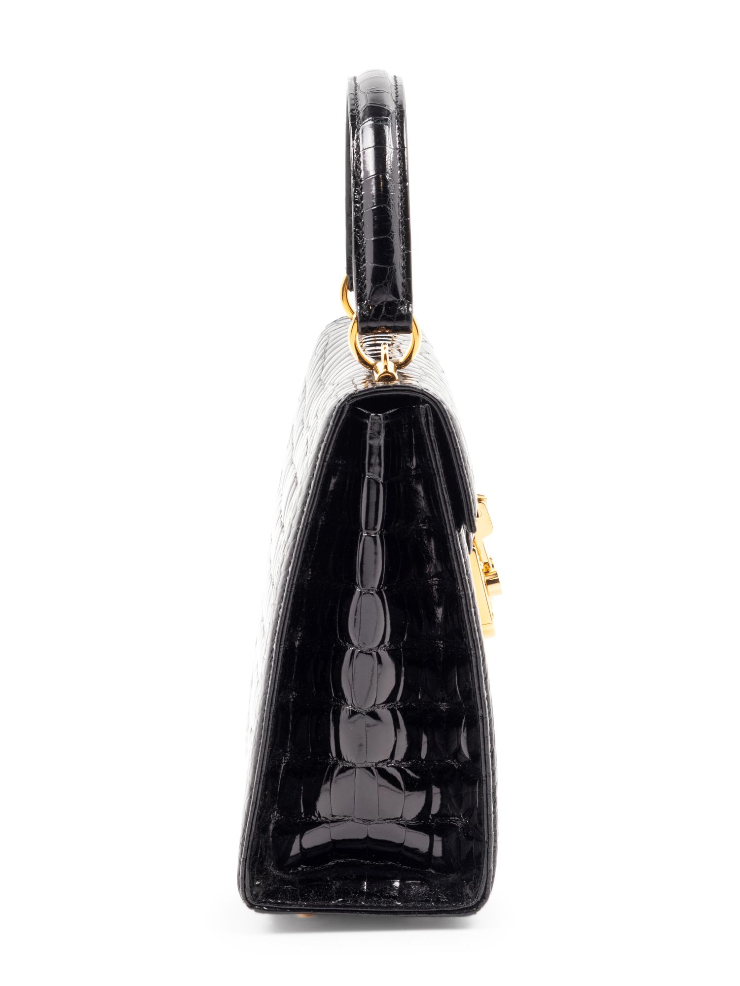 Gucci Black Patent Alligator Front Lock Handbag