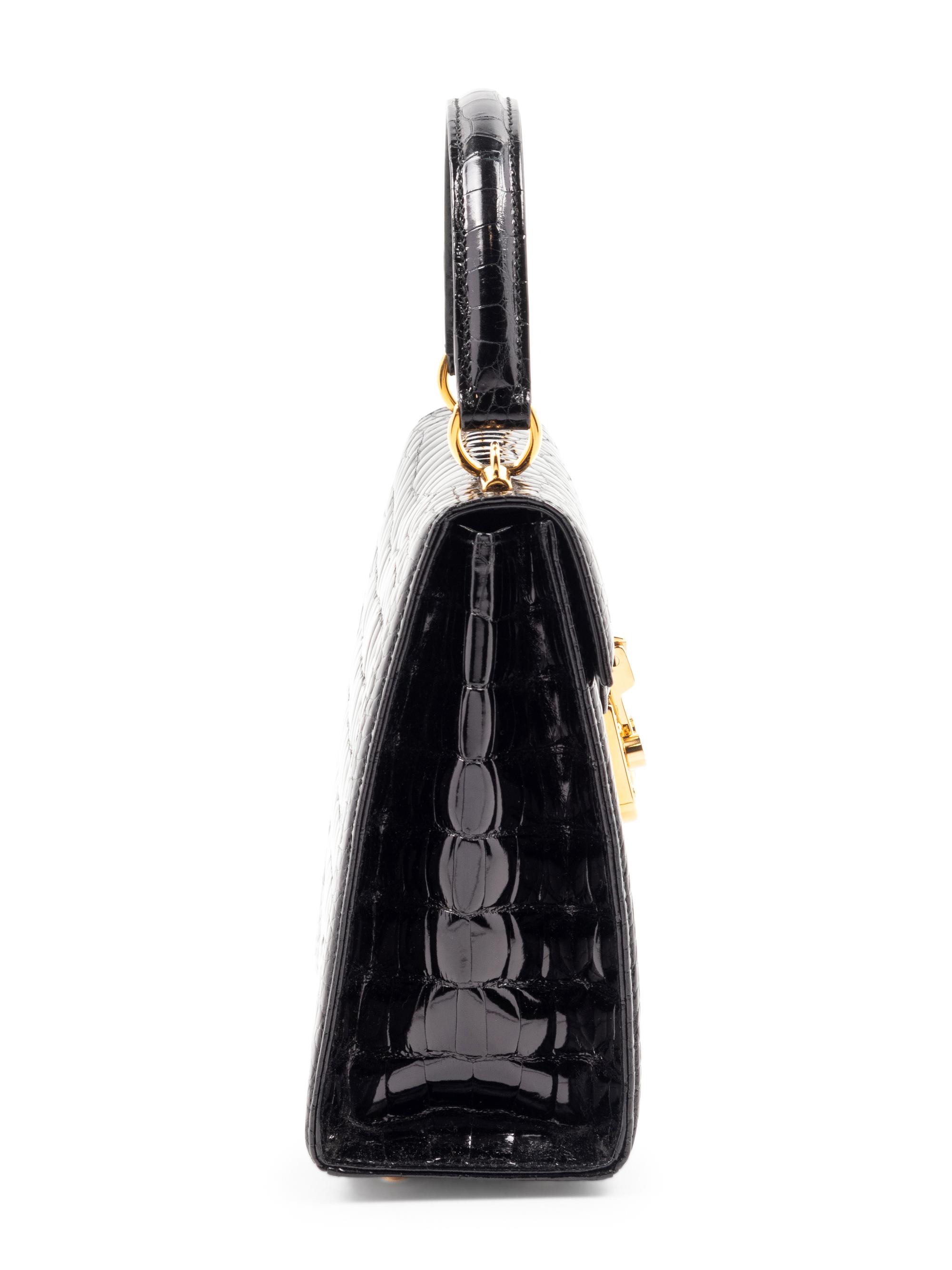 Gucci Black Patent Alligator Front Lock Handbag