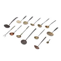 Large group of thirty-four iron, wood, brass, and copper lighting devices and cooking implements 18th/19th century