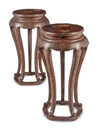 A Pair of Chinese Gilt Highlighted Polychrome Painted Red Lacquered Floriform Incense Stands, Xiangji, 19th Century 清中晚期 紅地描金彩漆香几一對