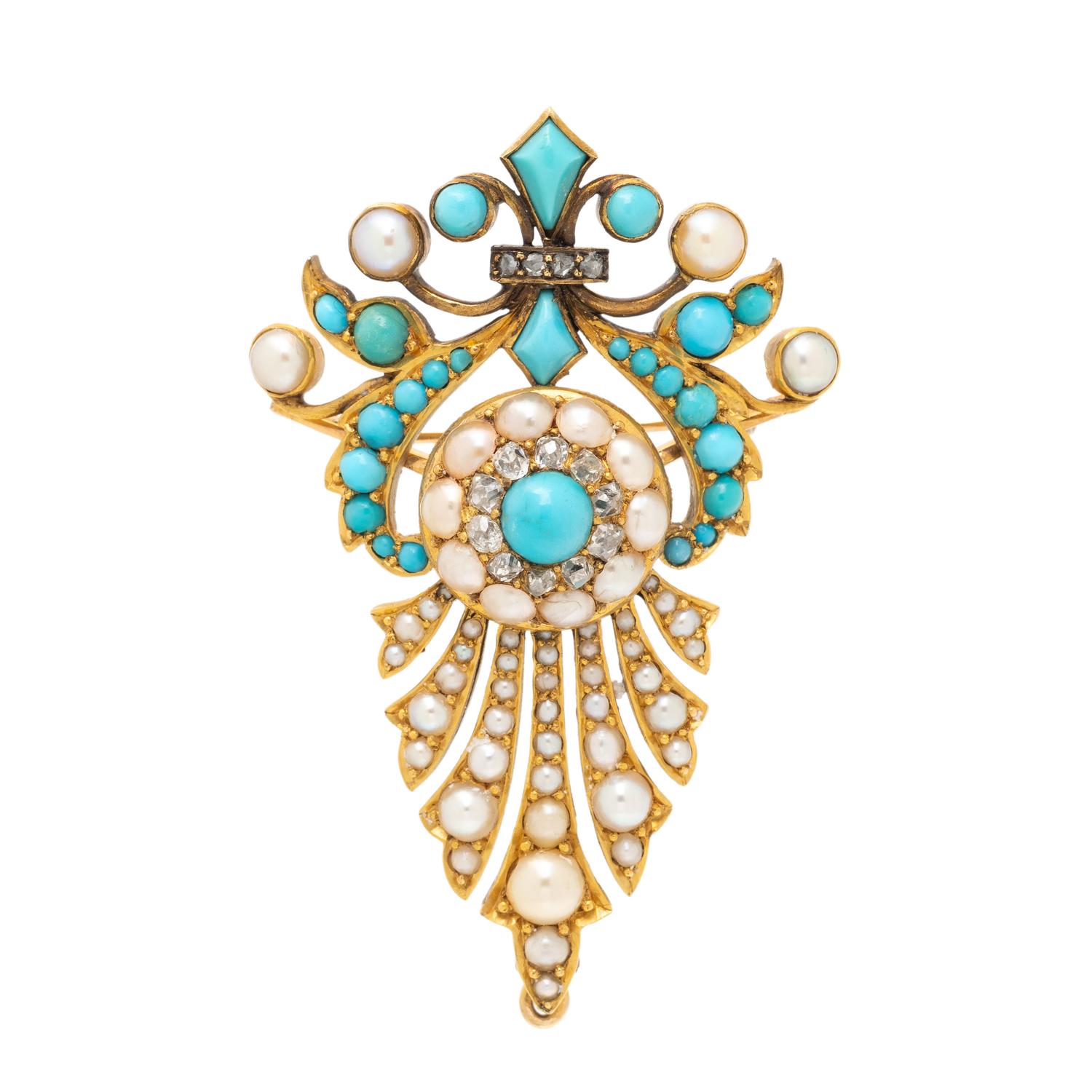 VICTORIAN, TURQUOISE, SEED PEARL, AND DIAMOND BROOCH