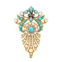 VICTORIAN, TURQUOISE, SEED PEARL, AND DIAMOND BROOCH
