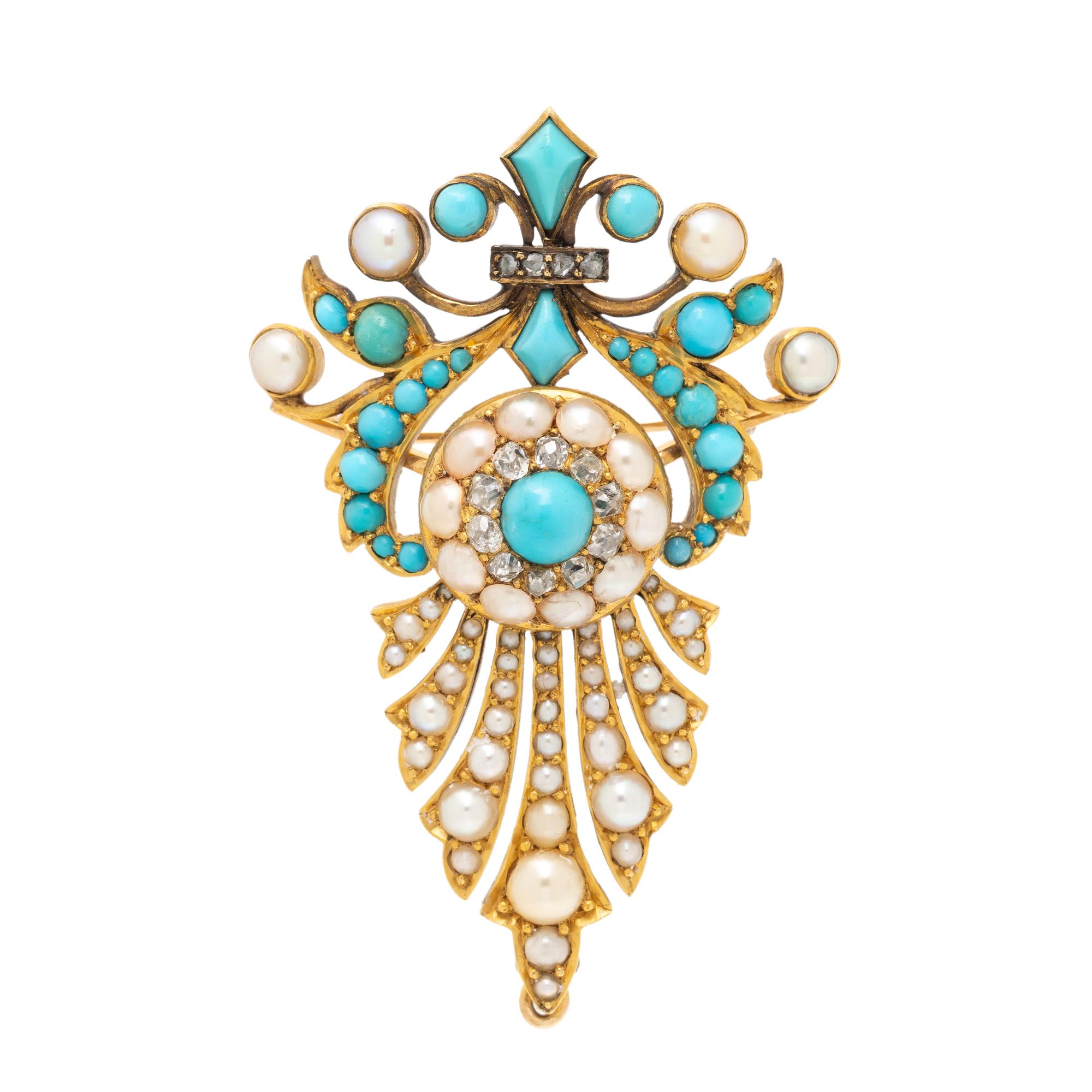 VICTORIAN, TURQUOISE, SEED PEARL, AND DIAMOND BROOCH