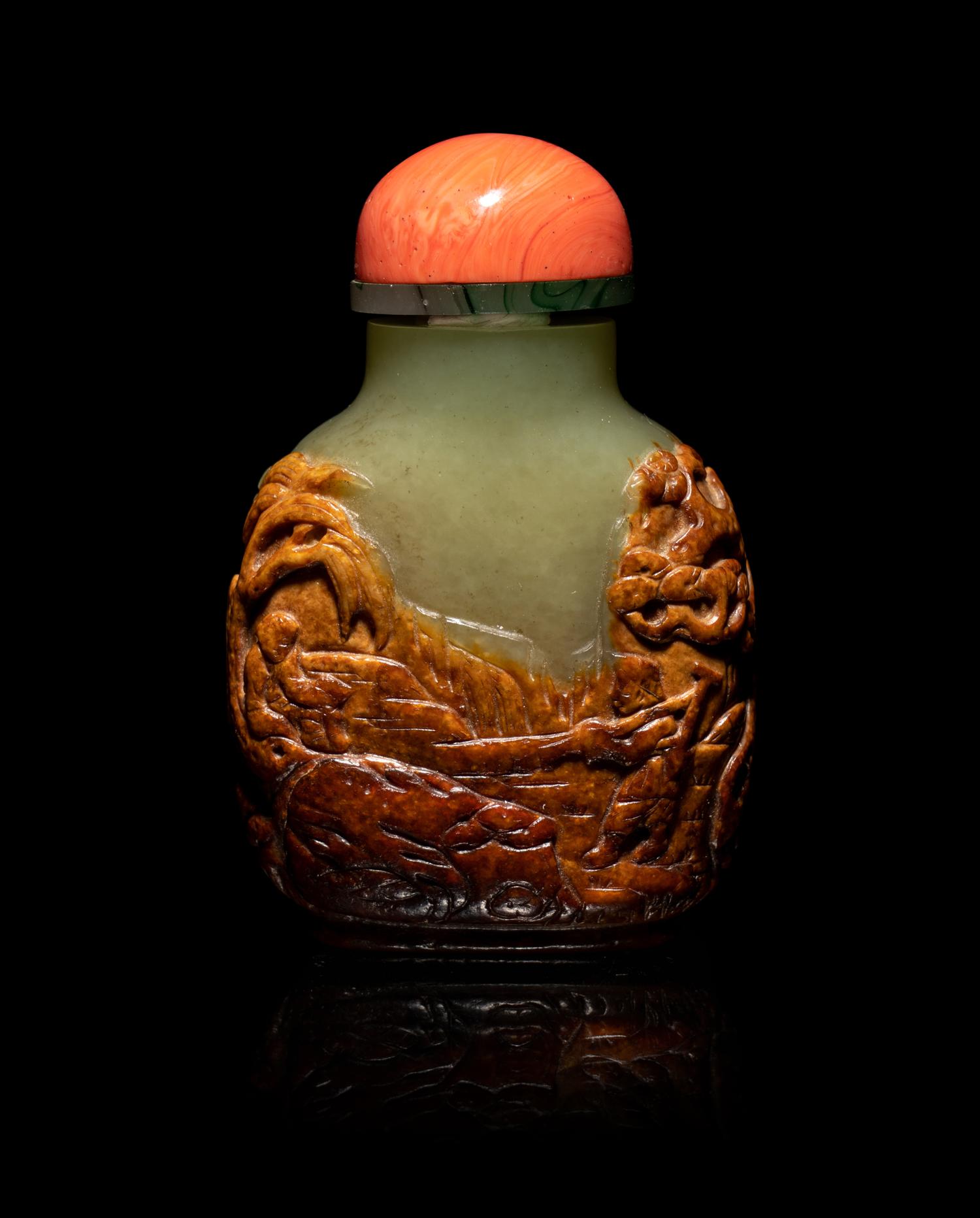 A Chinese Russet and Yellow Jade Snuff Bottle