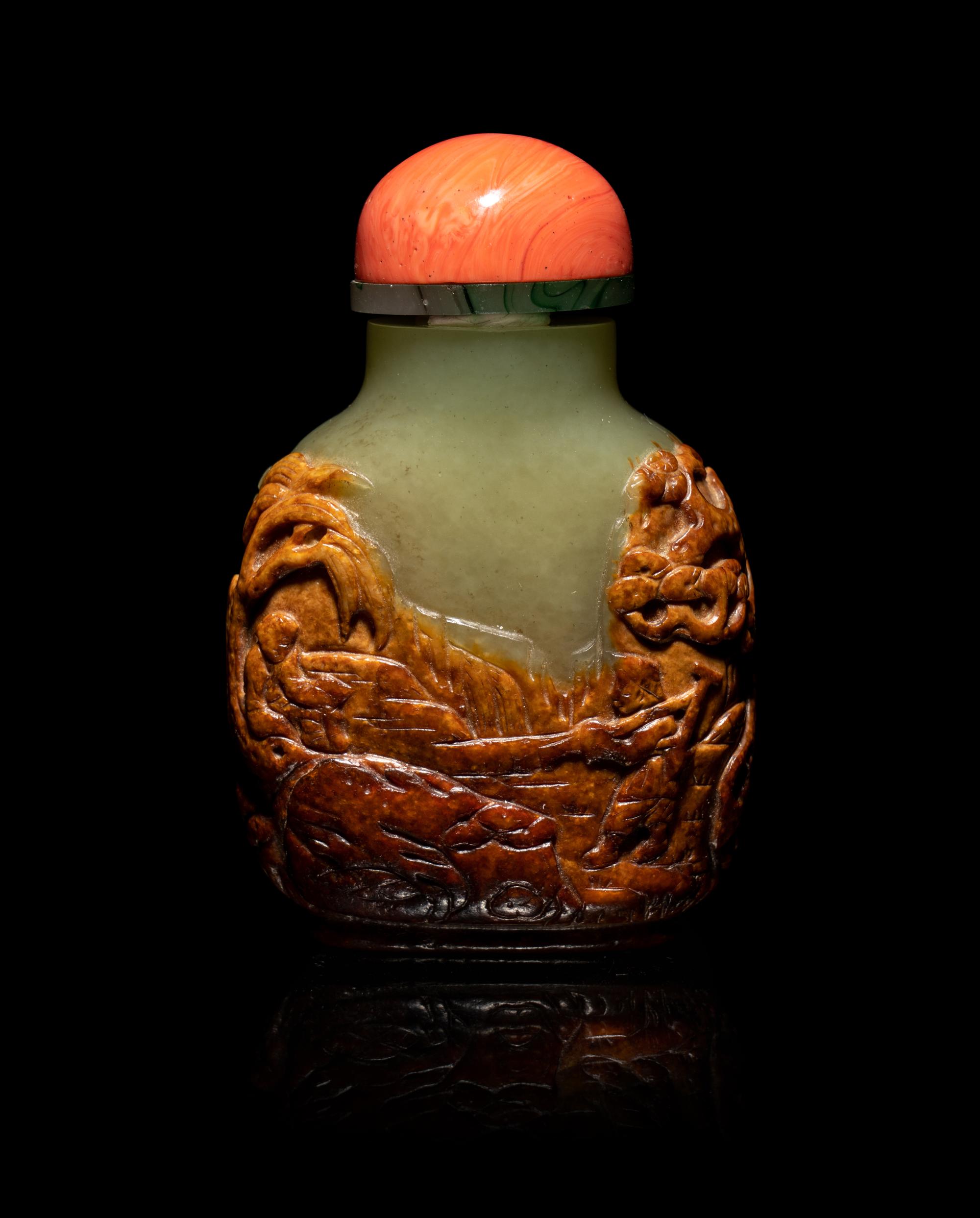 A Chinese Russet and Yellow Jade Snuff Bottle