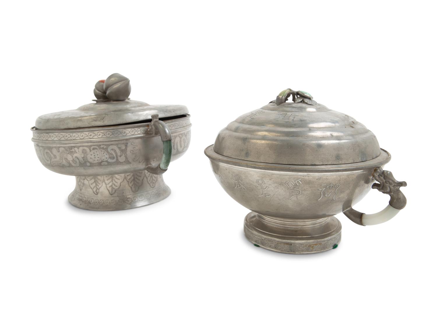Two Chinese Hardstone Inset Pewter Pots and Covers