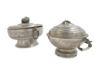 Two Chinese Hardstone Inset Pewter Pots and Covers