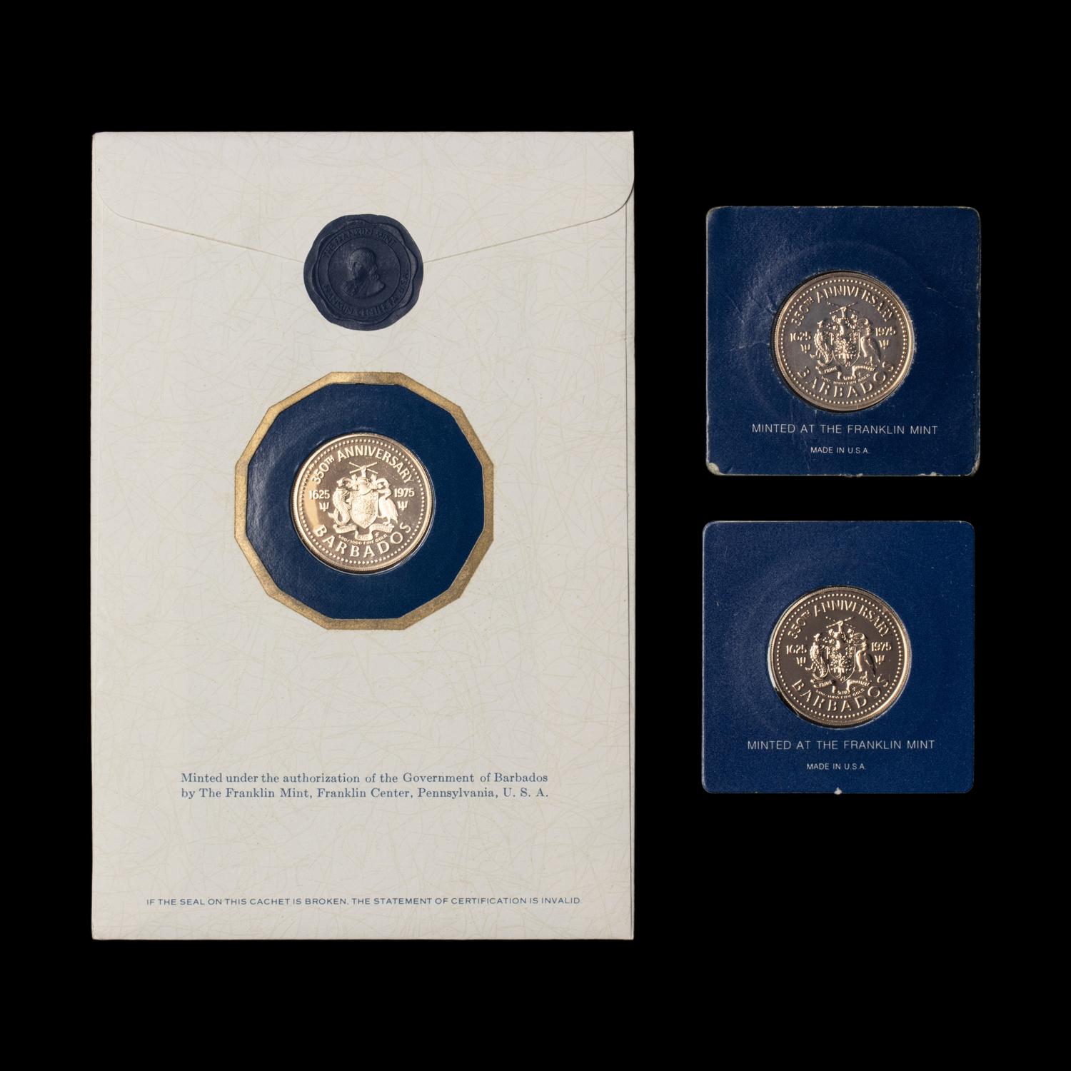 [PRIVATE ISSUE] A Group of Three 1975 Franklin Mint Barbados: 350th Anniversary 12-Karat Gold $100 coins.