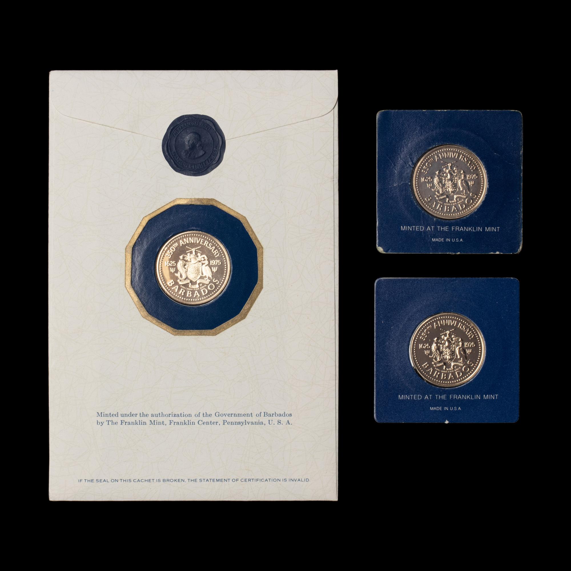 [PRIVATE ISSUE] A Group of Three 1975 Franklin Mint Barbados: 350th Anniversary 12-Karat Gold $100 coins.
