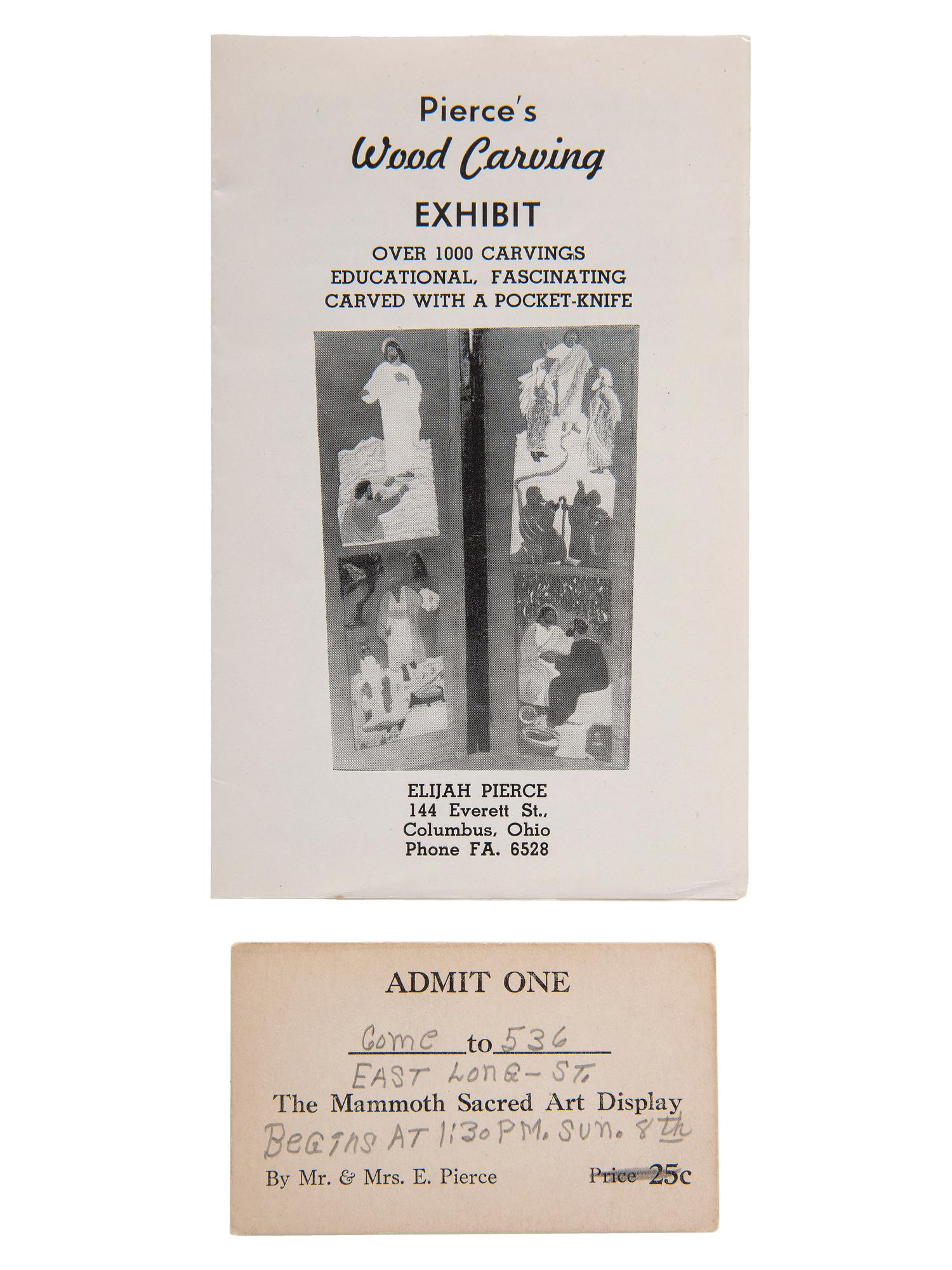 [PIERCE, Elijah (1892-1984)]. Art exhibition ticket, pamphlet, and broadside promoting African American woodcarver and folk artist Elijah Pierce. Ca 1930s.