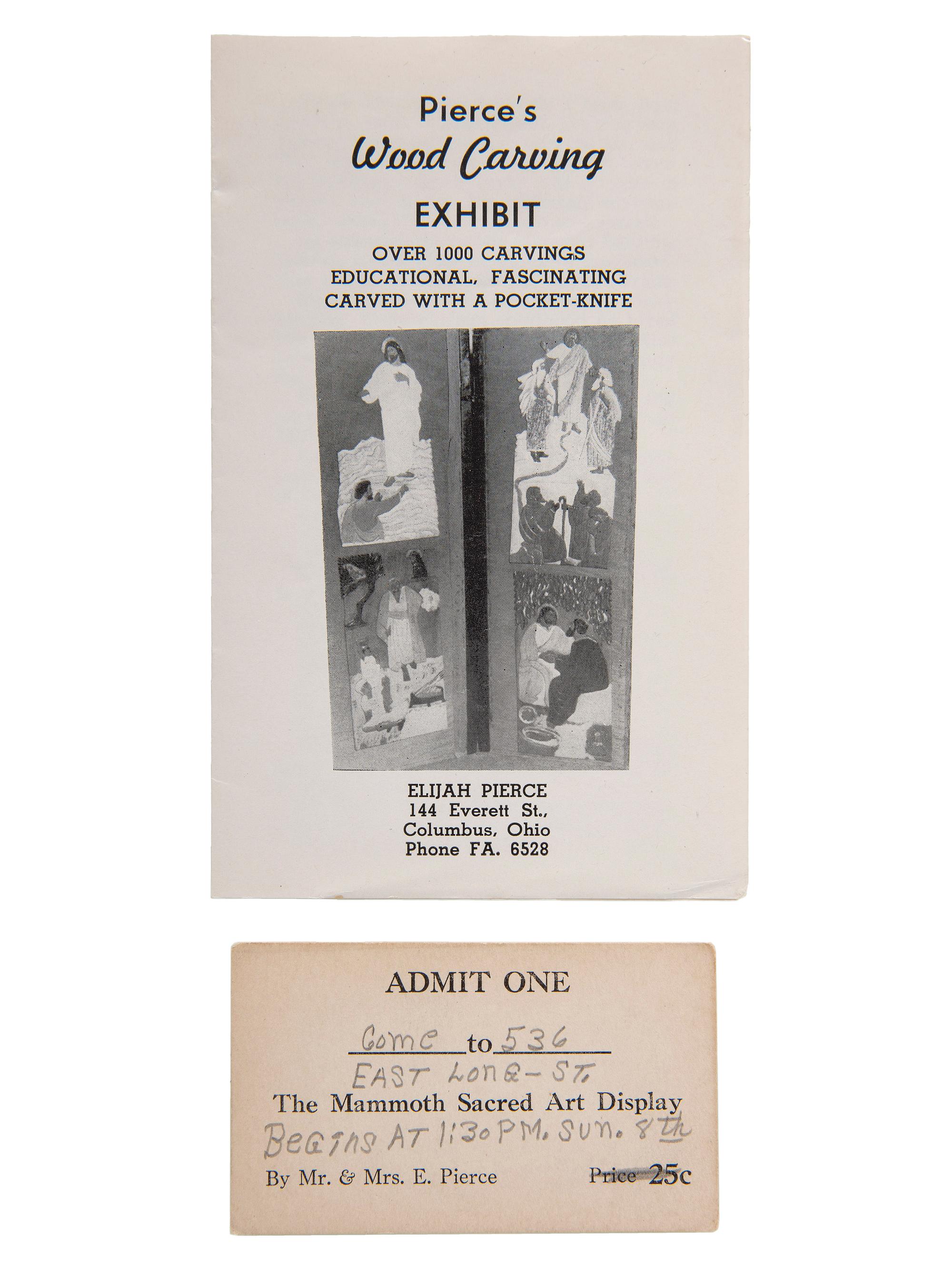 [PIERCE, Elijah (1892-1984)]. Art exhibition ticket, pamphlet, and broadside promoting African American woodcarver and folk artist Elijah Pierce. Ca 1930s.