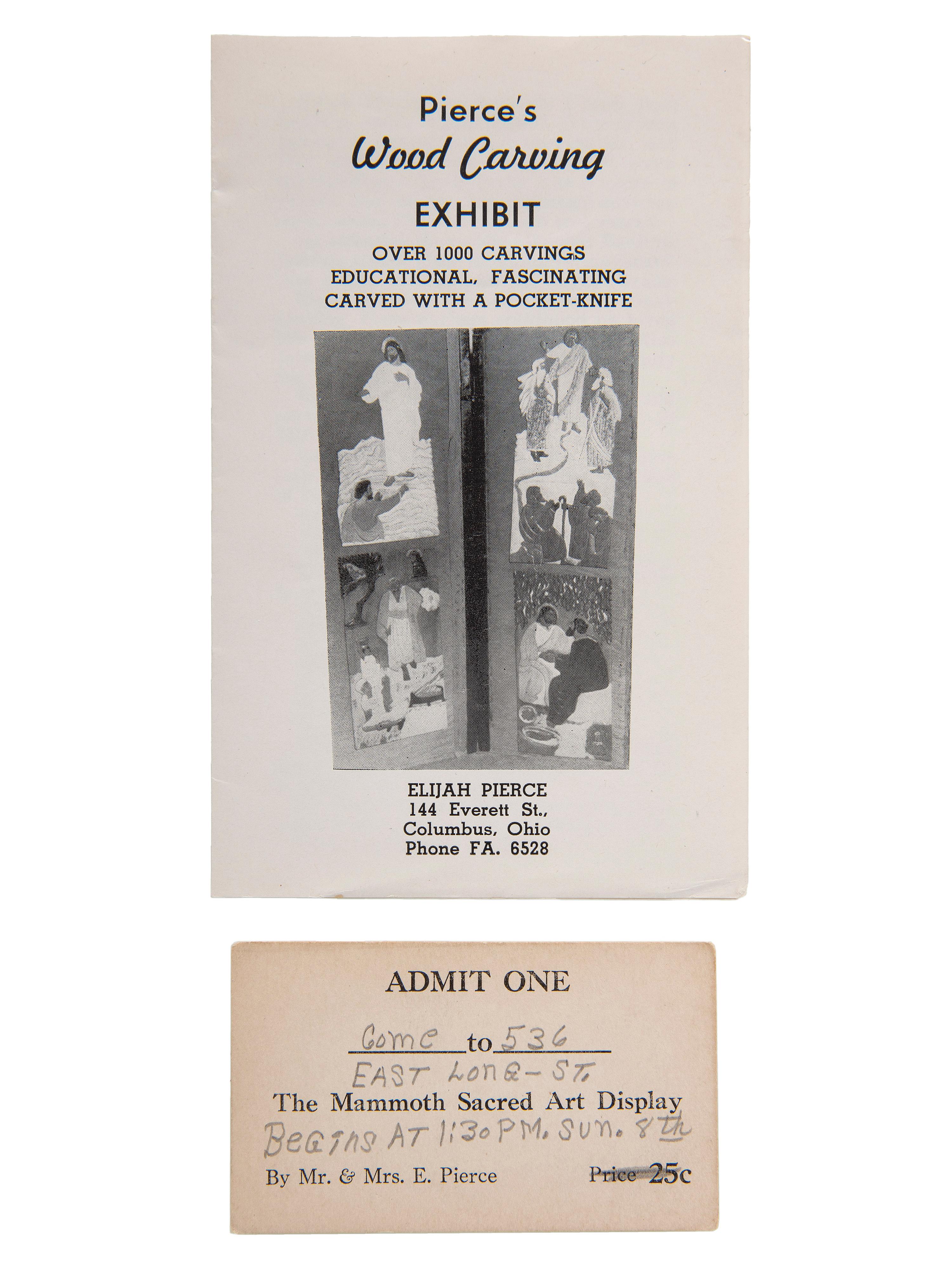 [PIERCE, Elijah (1892-1984)]. Art exhibition ticket, pamphlet, and broadside promoting African American woodcarver and folk artist Elijah Pierce. Ca 1930s.