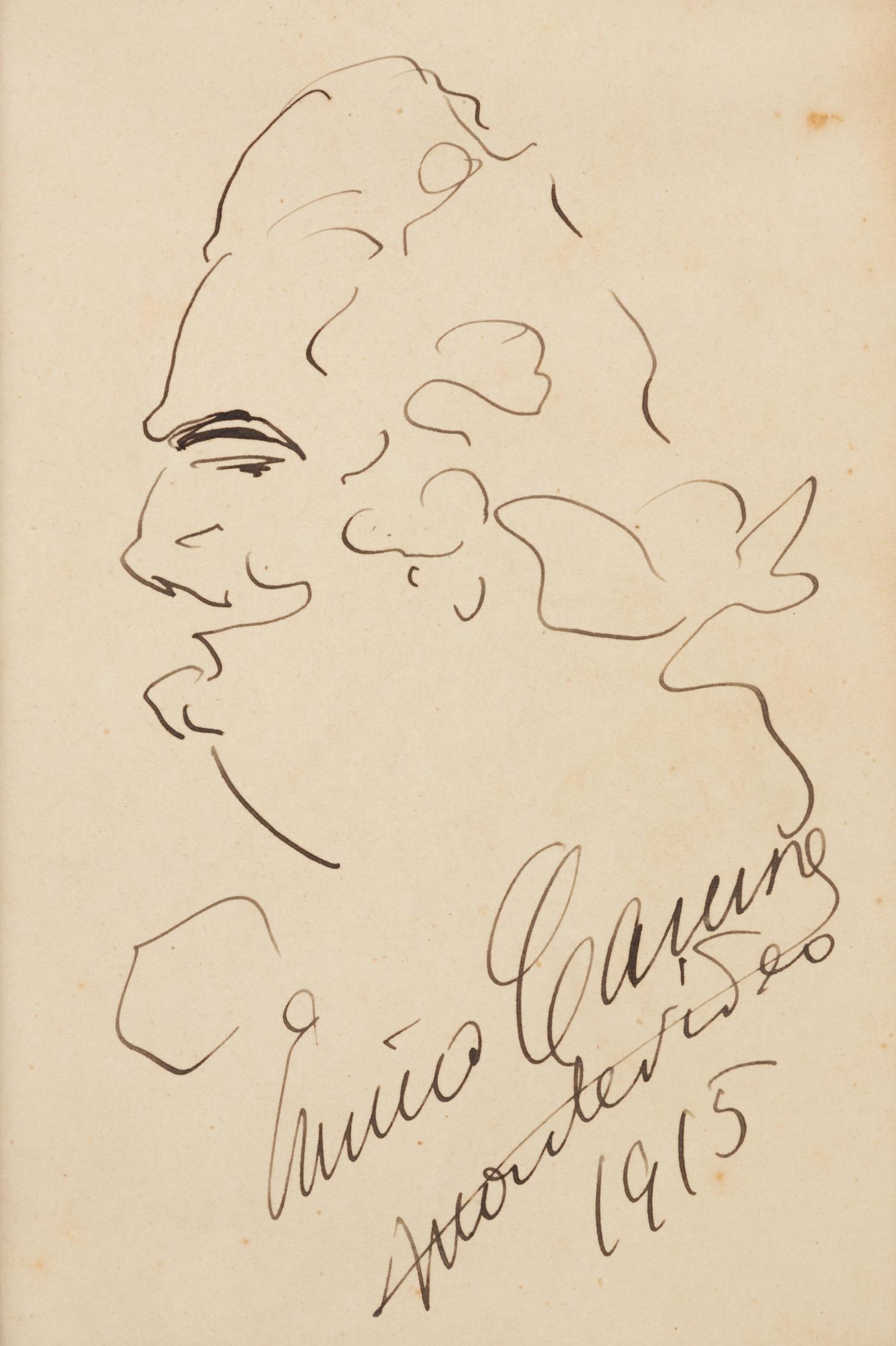 CARUSO, Enrico (1873-1921). Original drawing as Des Grieux in Manon Lescaut , profile self portrait caricature, in pen and ink, signed and dated lower right ("Enrico Caruso Monte Video 1915").