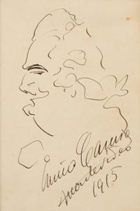 CARUSO, Enrico (1873-1921). Original drawing as Des Grieux in Manon Lescaut , profile self portrait caricature, in pen and ink, signed and dated lower right ("Enrico Caruso Monte Video 1915").