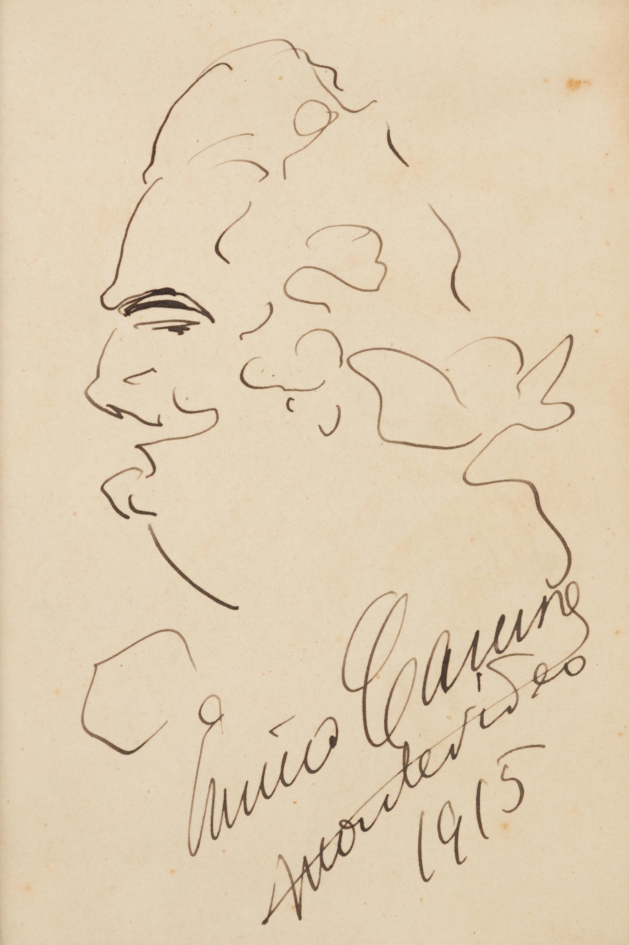 CARUSO, Enrico (1873-1921). Original drawing as Des Grieux in Manon Lescaut , profile self portrait caricature, in pen and ink, signed and dated lower right ("Enrico Caruso Monte Video 1915").