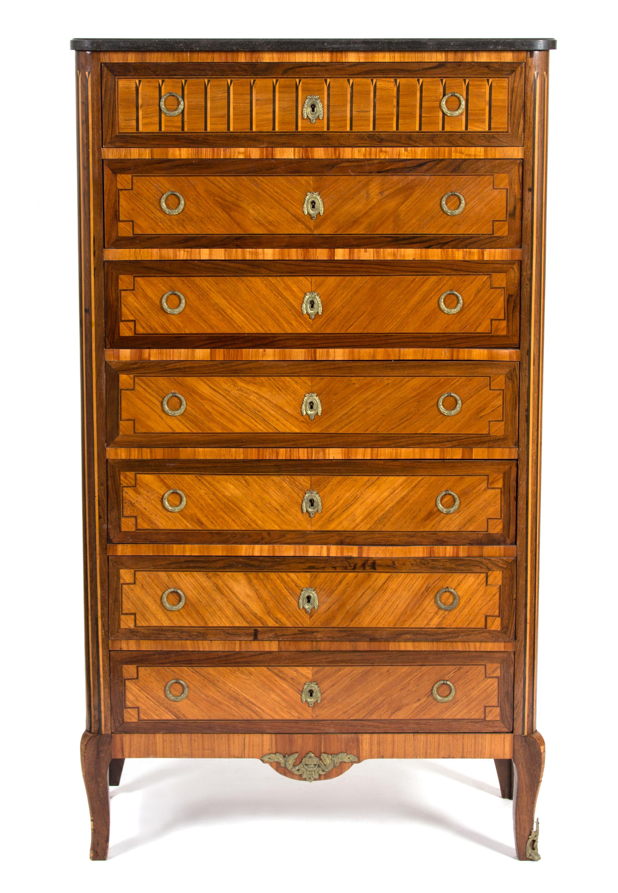 A Louis XV/XVI Transitional Style Inlaid Semanier Height 60 3/4 x width 34 1/4 x depth 15 1/4 inches. — 19TH CENTURY