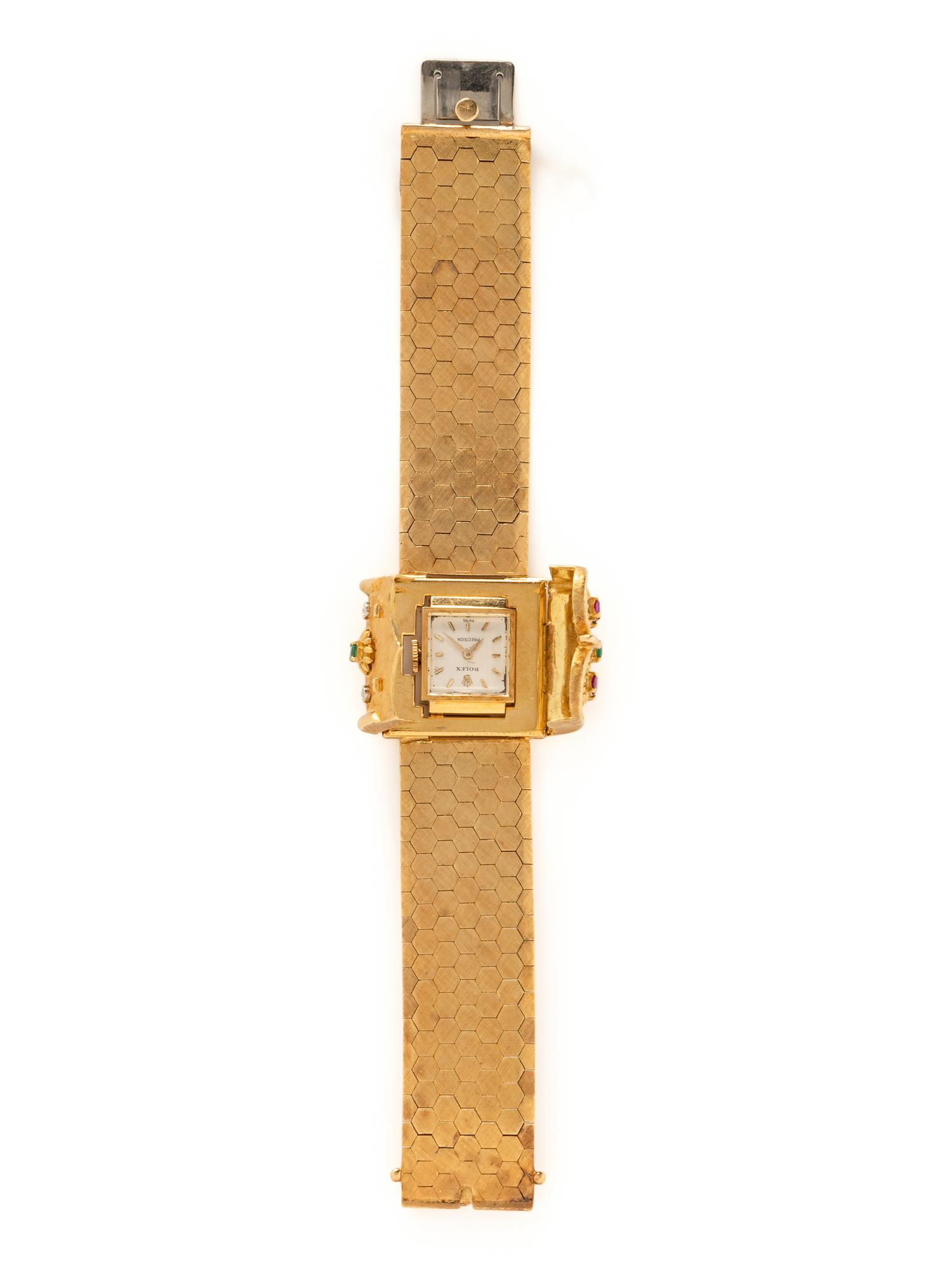 ROLEX, YELLOW GOLD AND MULITIGEM HIDDEN DIAL BRACELET WATCH