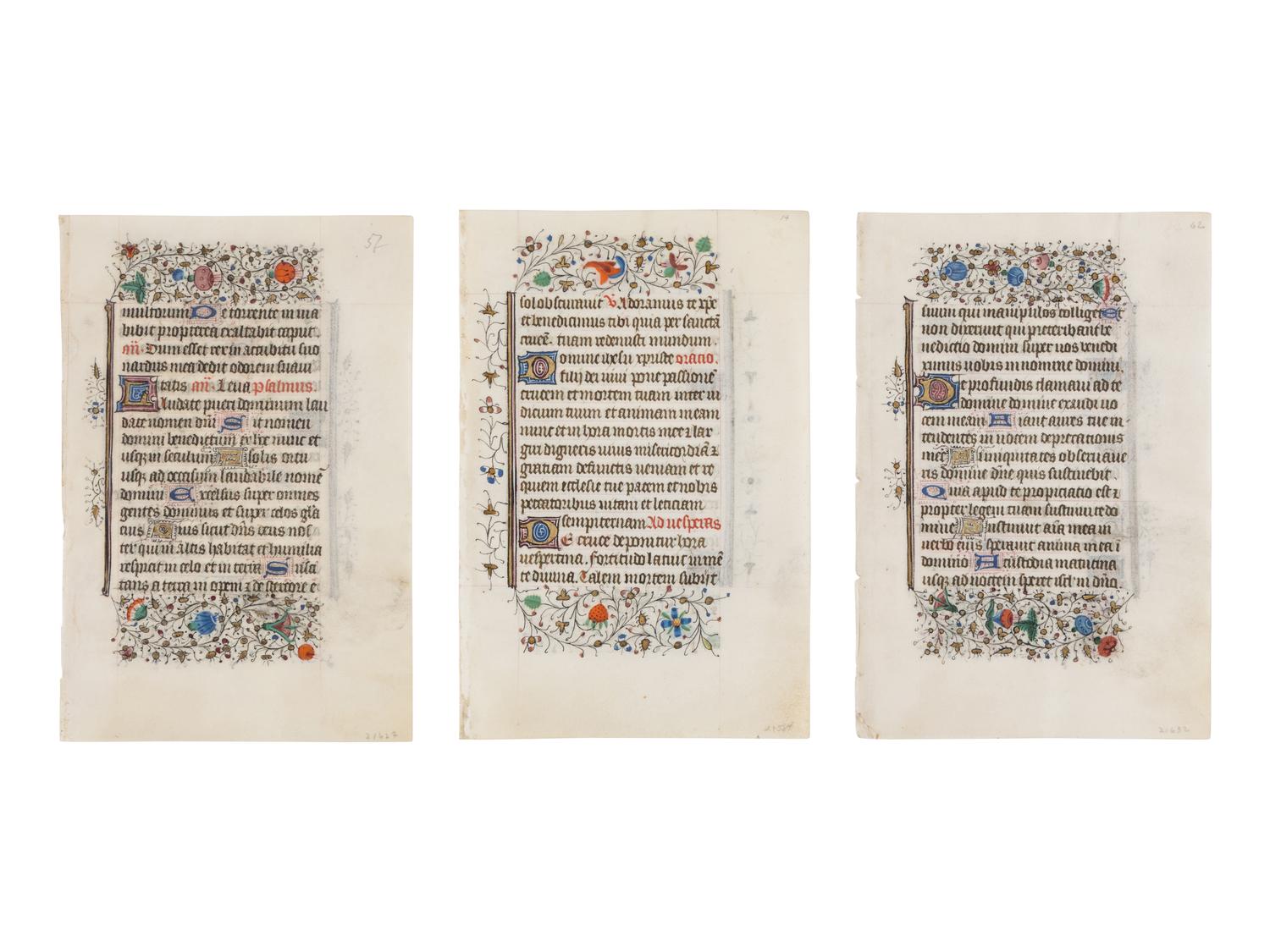 BRUGES WORKSHOP Three leaves from a Book of Hours, Use of Rome, in Latin, illuminated manuscript on parchment [Southern Netherlands, Bruges, c. 1460]