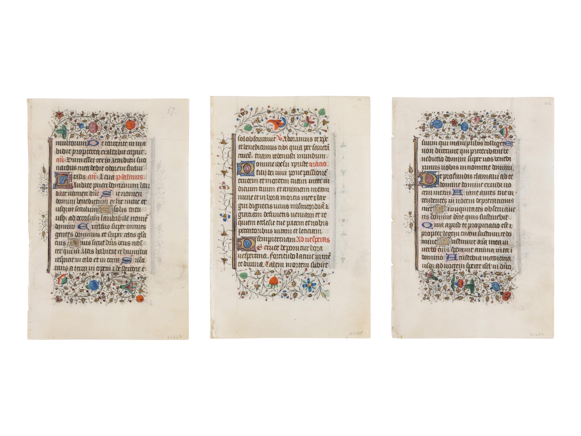 BRUGES WORKSHOP Three leaves from a Book of Hours, Use of Rome, in Latin, illuminated manuscript on parchment [Southern Netherlands, Bruges, c. 1460]