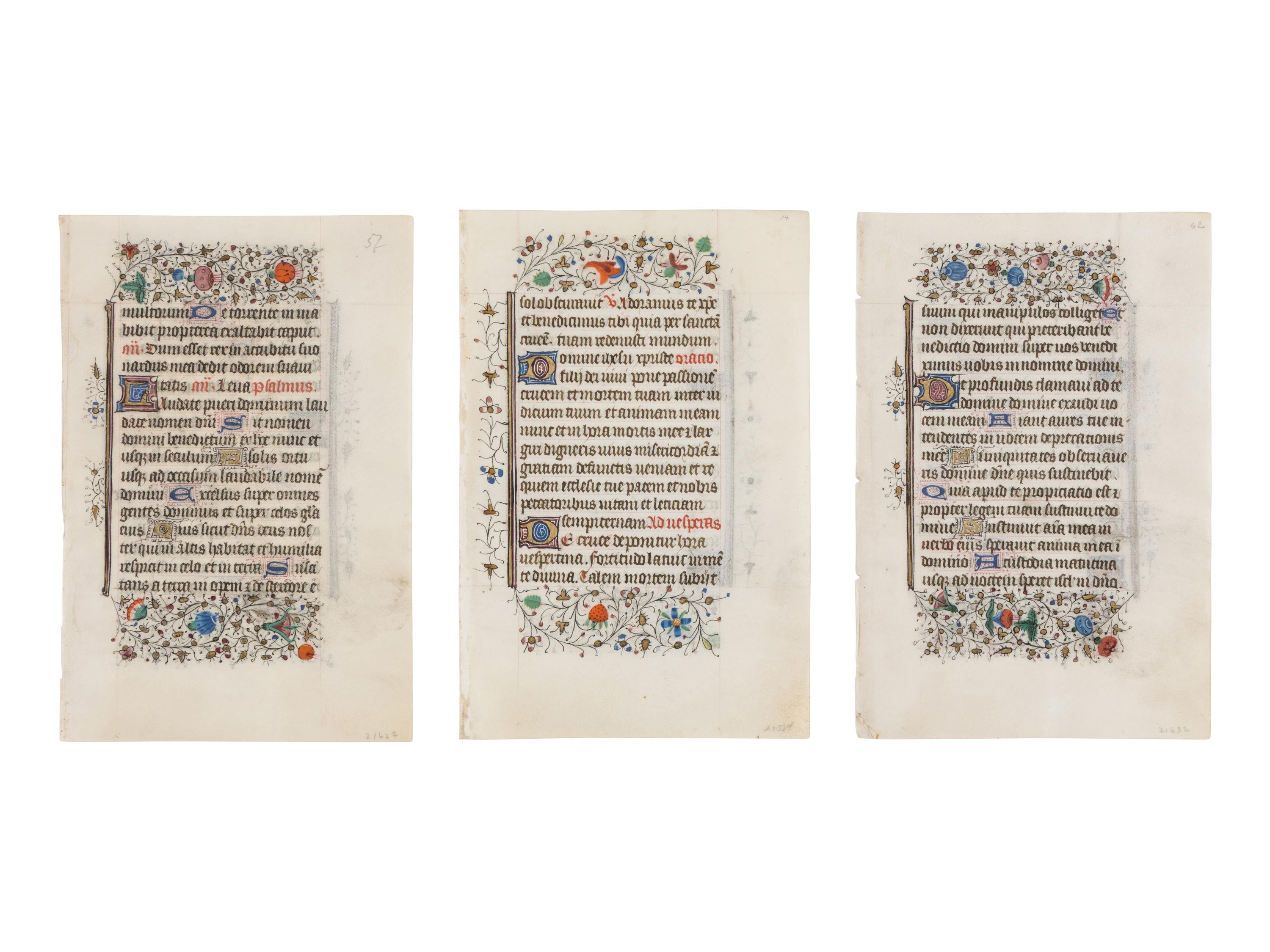 BRUGES WORKSHOP Three leaves from a Book of Hours, Use of Rome, in Latin, illuminated manuscript on parchment [Southern Netherlands, Bruges, c. 1460]
