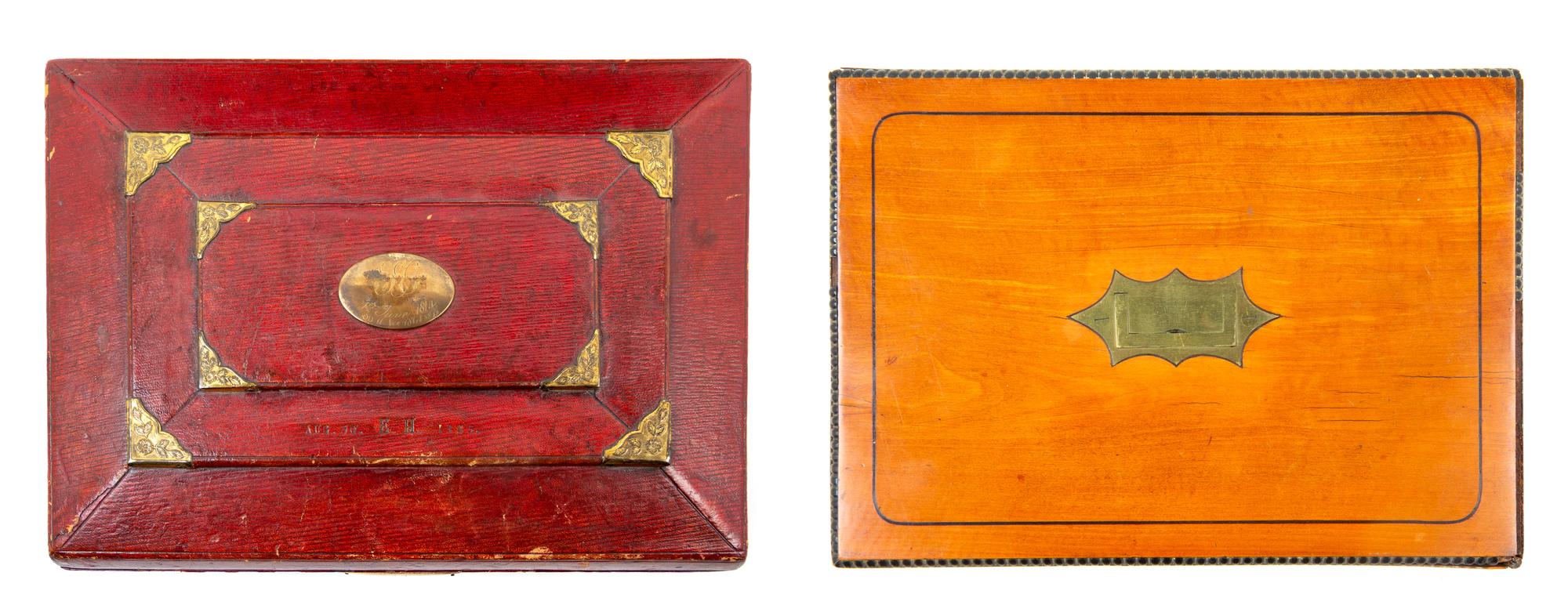 Two Regency Brass Inlaid Sewing Boxes Larger example: height 4 3/8 x width 11 x depth 8 inches. — 19TH CENTURY