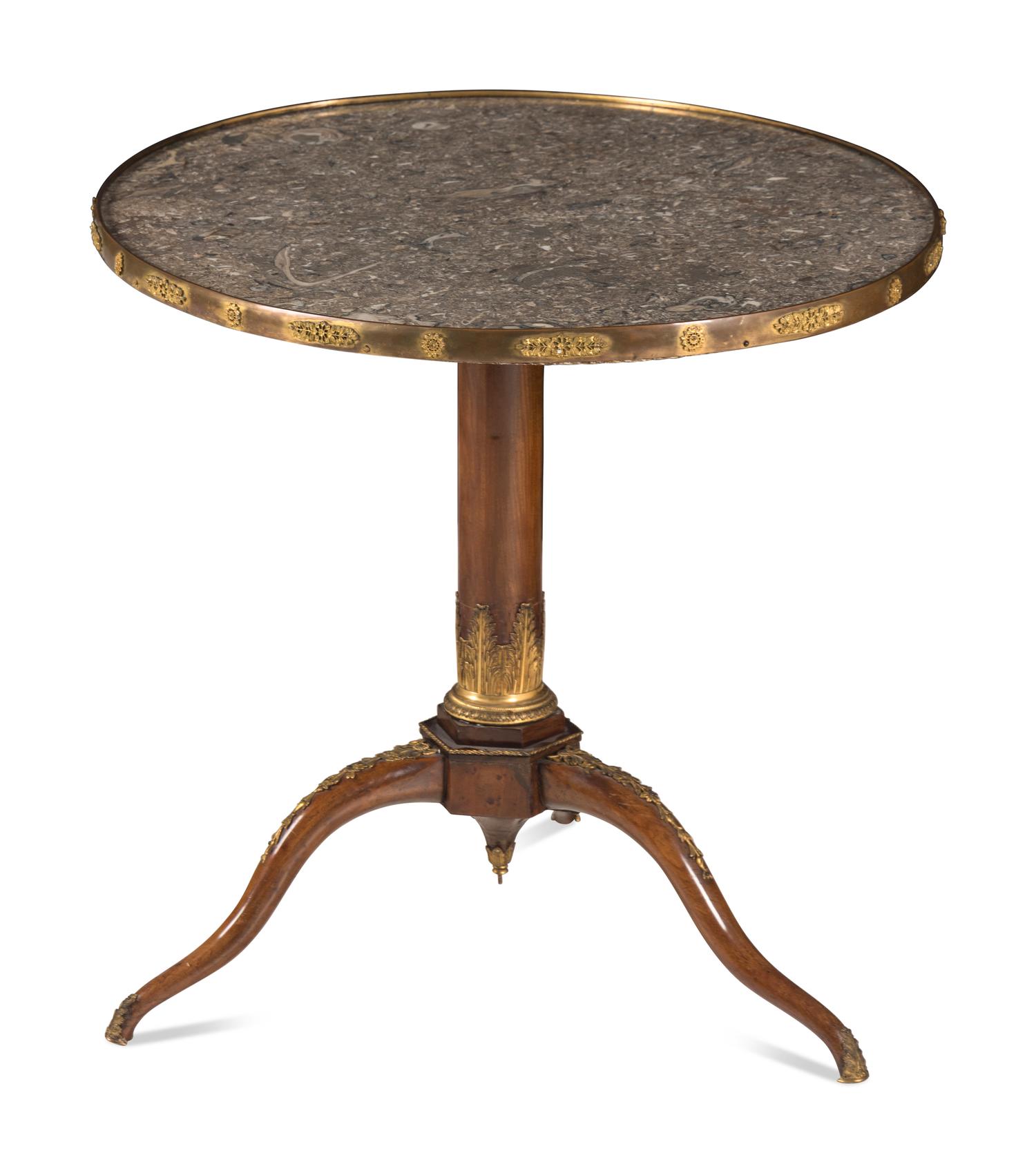 A Louis XVI Gilt Bronze Mounted Mahogany Lumachella Marble-Inset Guéridon