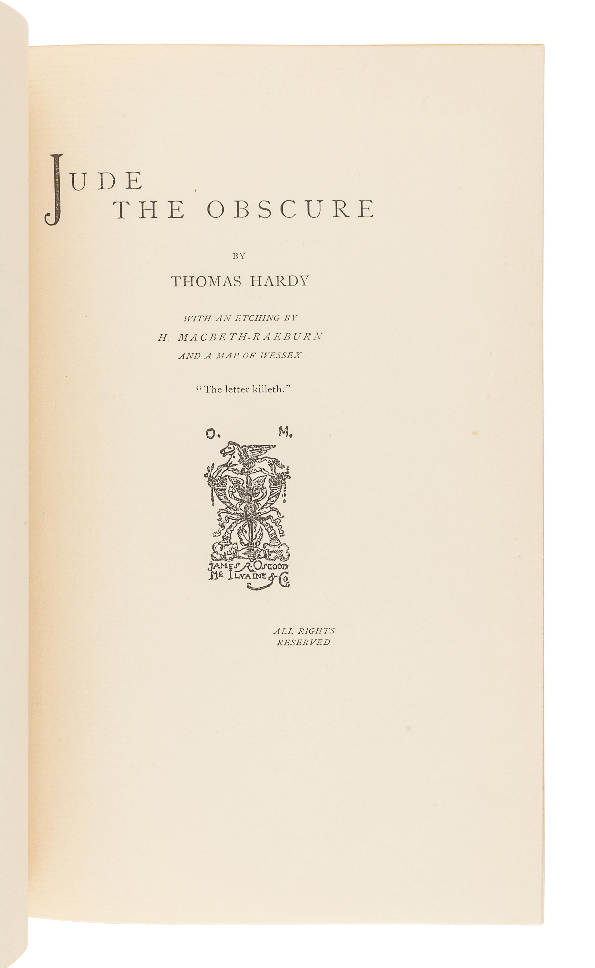 HARDY, Thomas (1840-1928). Jude the Obscure. London: James R. Osgood, McIlvaine and Co.,1896.