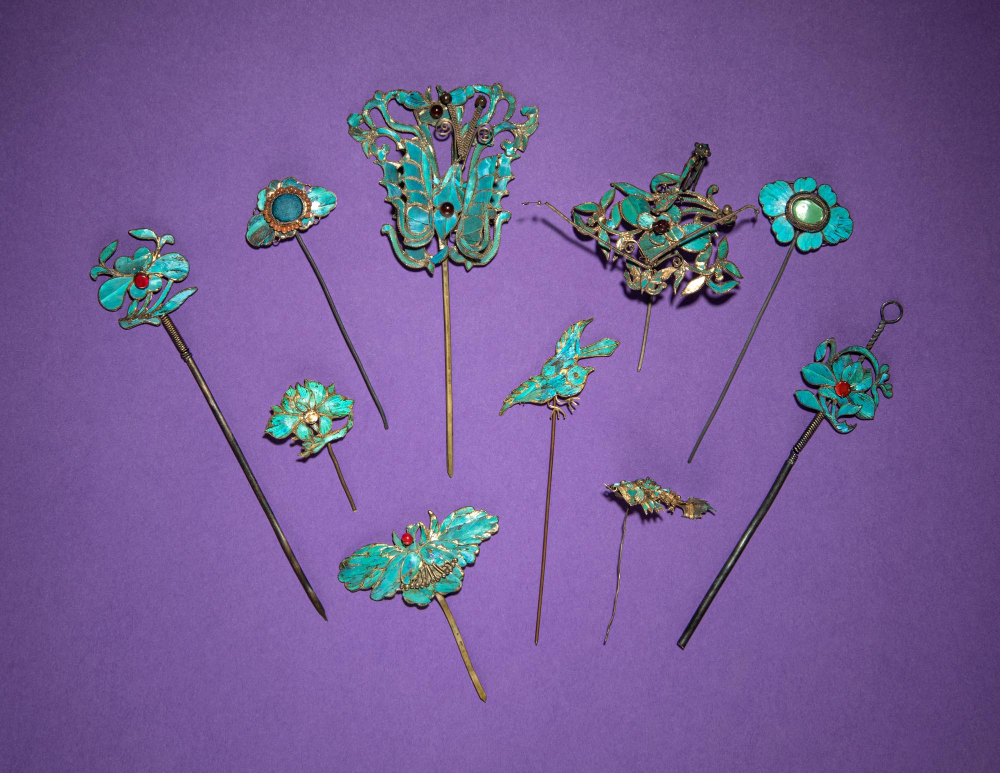 Ten Kingfisher Feather Hairpins