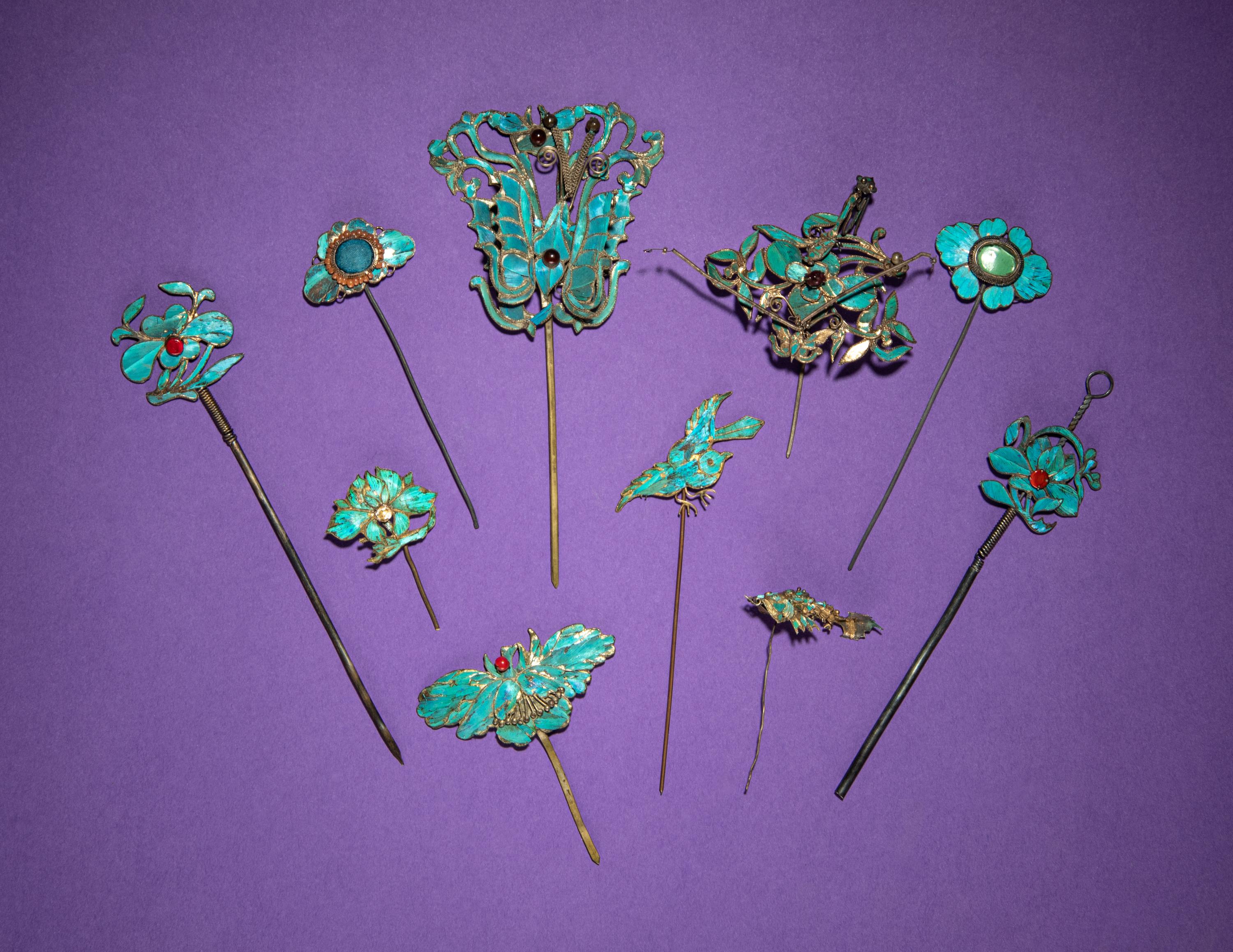 Ten Kingfisher Feather Hairpins