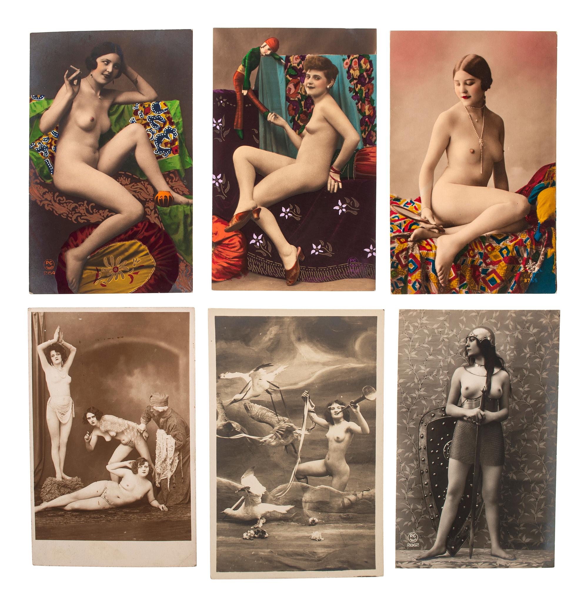 [EARLY PHOTOGRAPHY]. A group of 59 real photo postcards, featuring artfully posed images of women, famous subjects, and genre scenes celebrating romance and the holiday season.