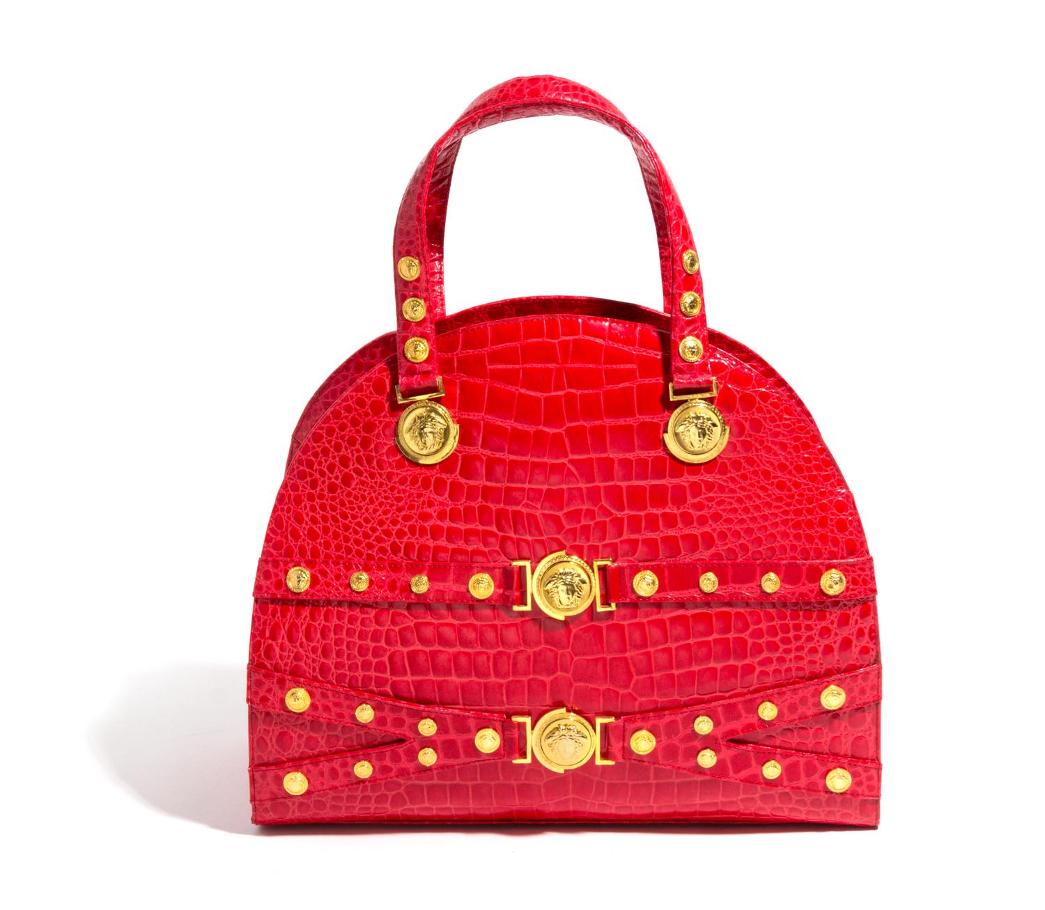 A Gianni Versace Red Croc Embossed Oversized Medusa Bag, 15.5" x 13" x 6.5"; Handle drop: 5.75"