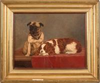 John Henry Dolph (American, 1835-1903) - Pug and Blenheim Spaniel on Table with Red Drapery
