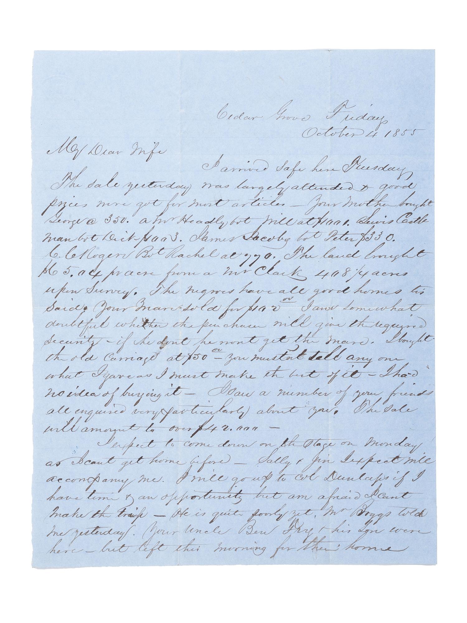 [SLAVERY & ABOLITION]. Letter referencing the sale prices of five named enslaved subjects. Cedar Grove, [KY?], 1855.