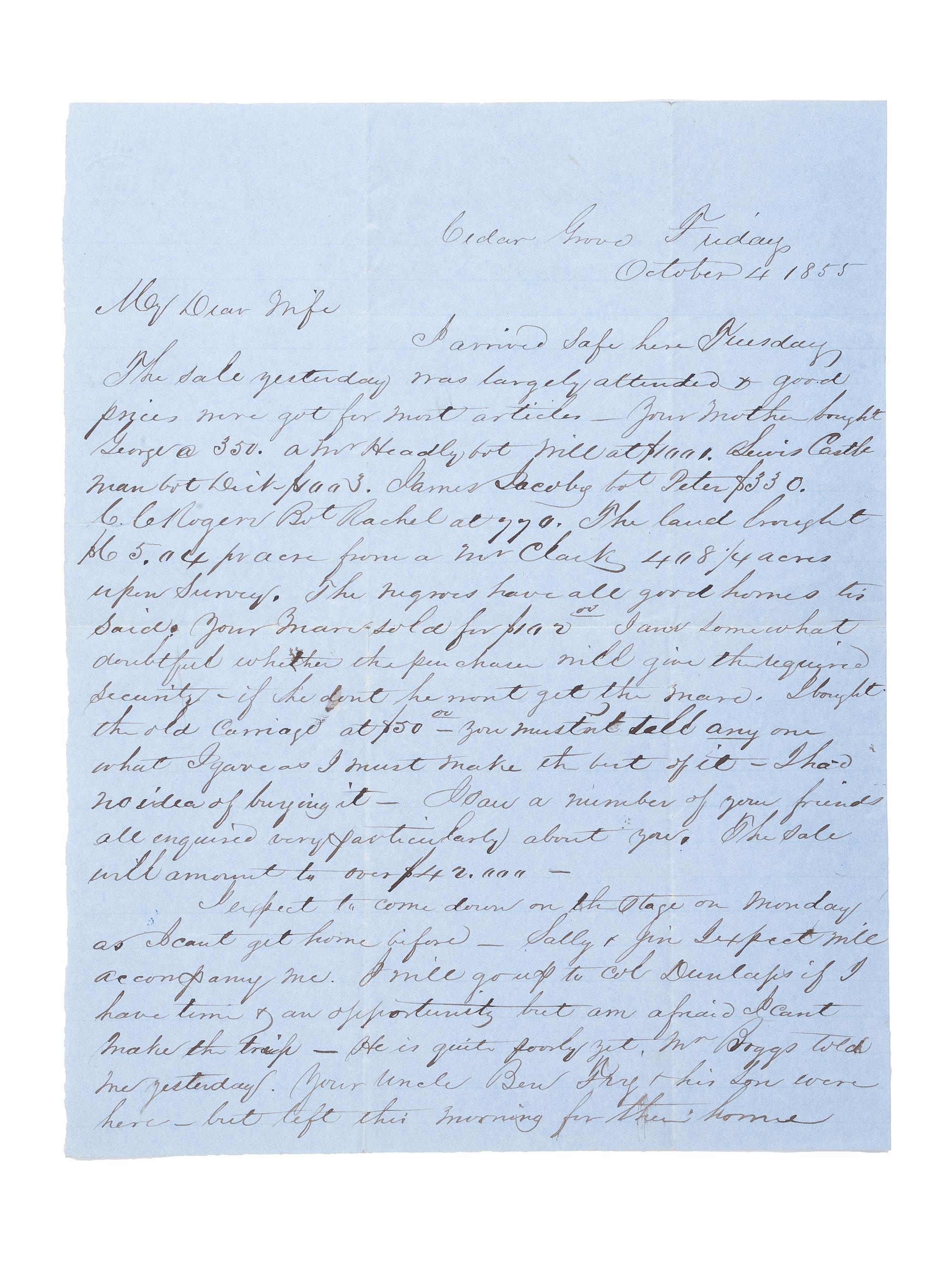 [SLAVERY & ABOLITION]. Letter referencing the sale prices of five named enslaved subjects. Cedar Grove, [KY?], 1855.